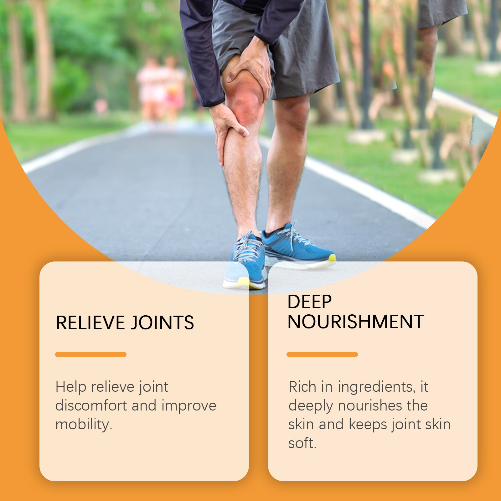 Runner on park path experiencing leg discomfort with two benefit cards highlighting 'Relieve Joints' and 'Deep Nourishment'