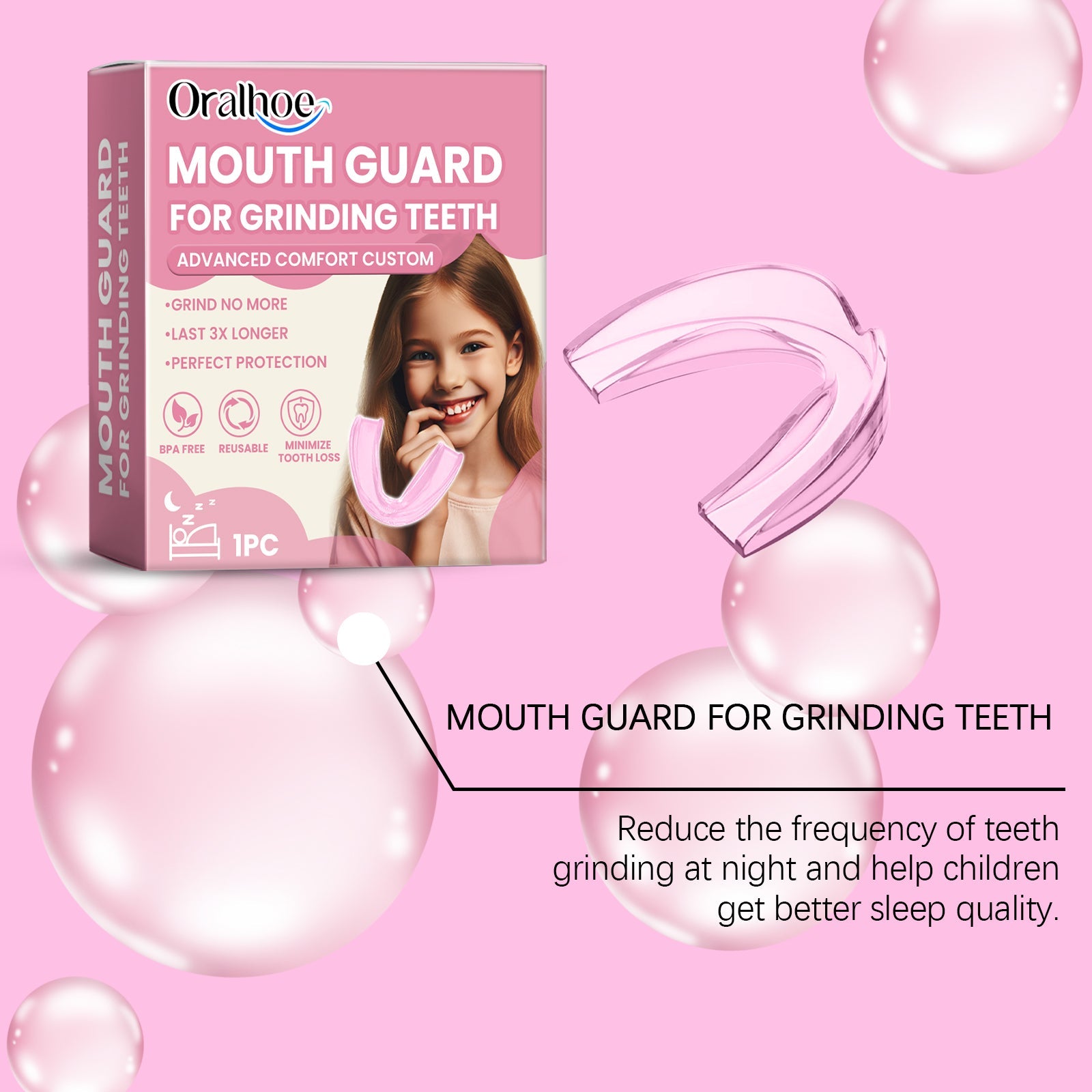Product packaging and mouth guard with informational text about reducing teeth grinding frequency and sleep quality improvement