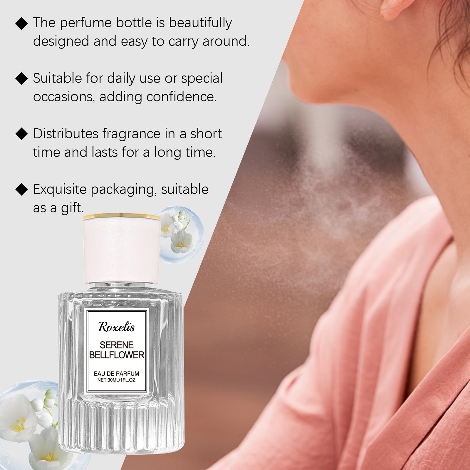 Product benefits highlighted: beautiful design, daily/special occasion use, long-lasting performance, gift-worthy packaging
