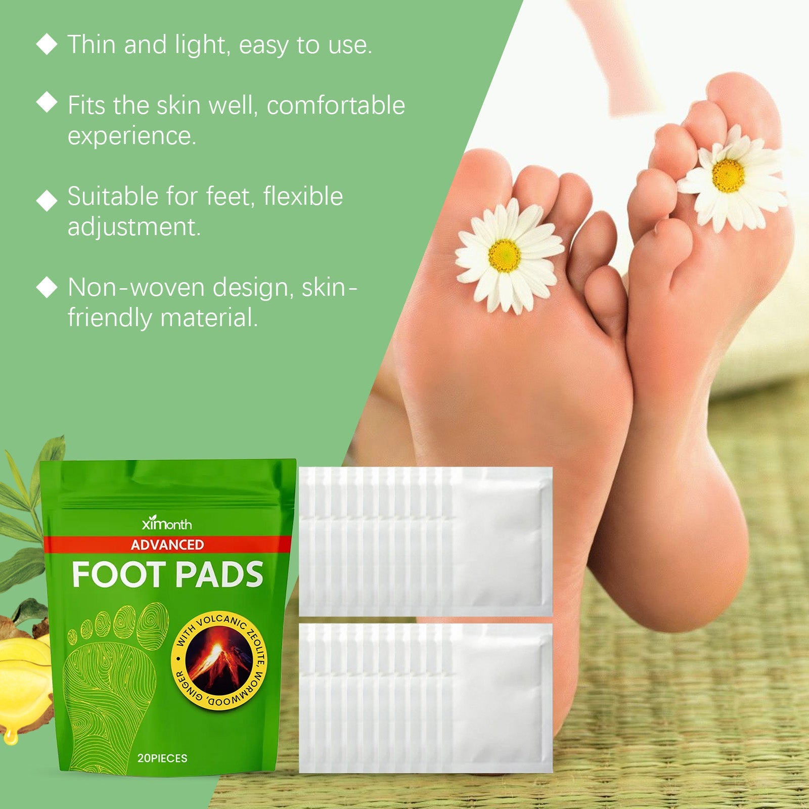 Close-up of healthy, smooth feet with white daisy flowers, product packaging and feature bullets displayed