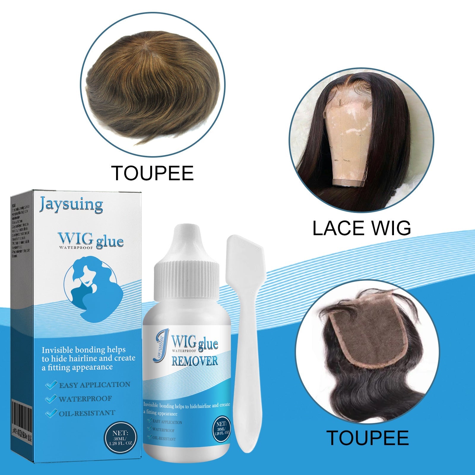 Three product applications shown: toupee (full coverage piece), lace wig (transparent base with hair strands), and toupee closure (partial piece with visible lace base)