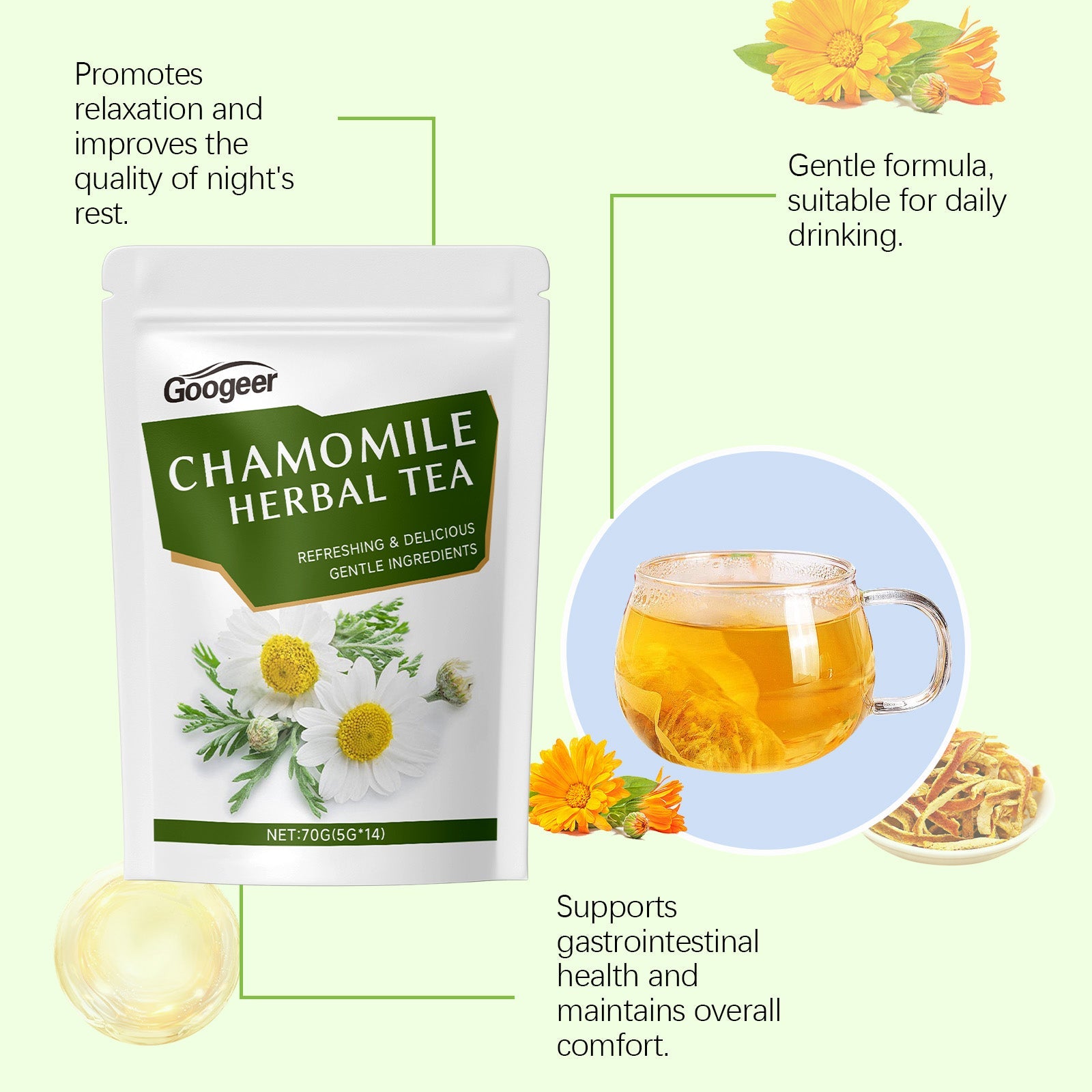 Infographic showing product benefits with icons for relaxation, digestive health, and gastrointestinal support