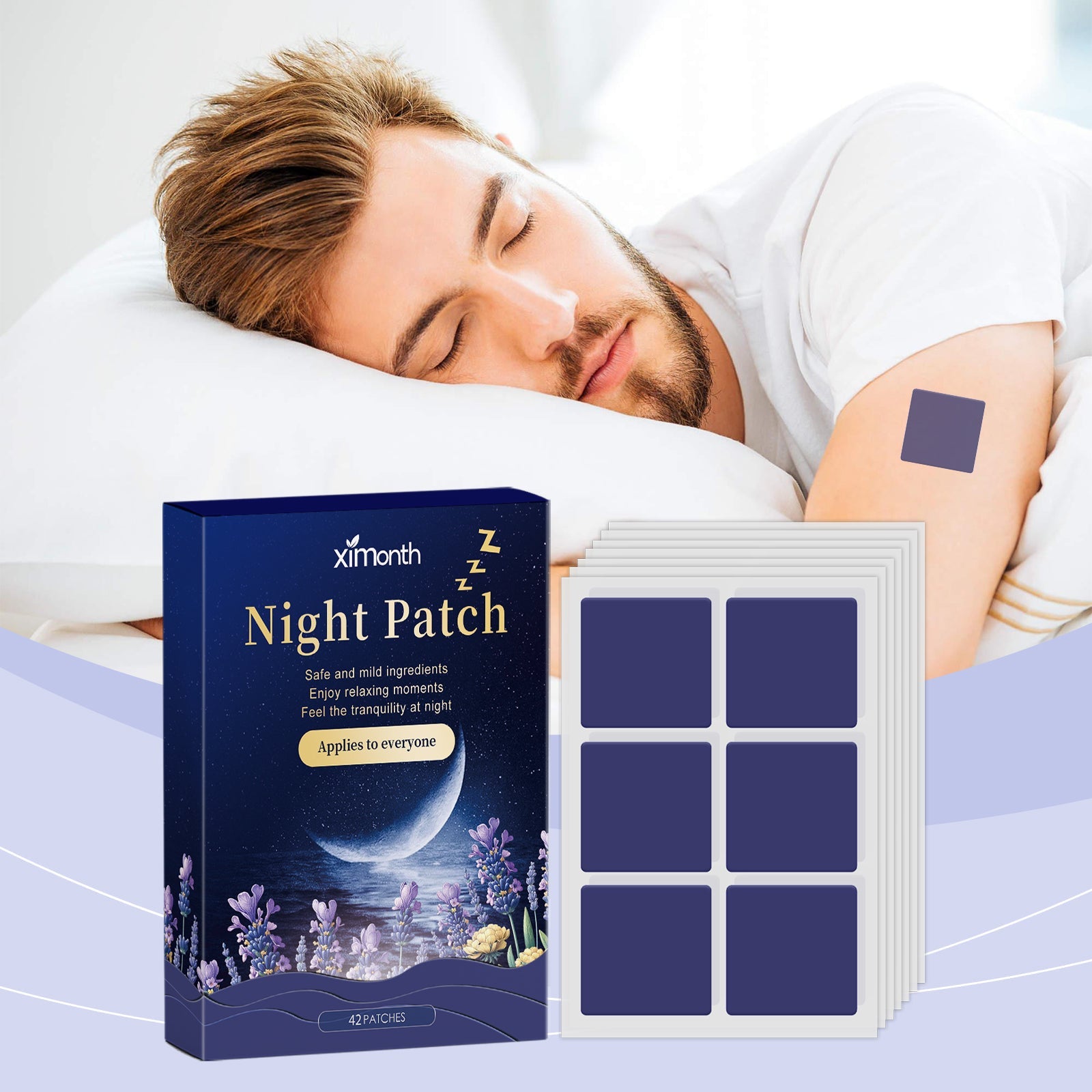 Man peacefully sleeping on white pillow with visible indigo patch applied to shoulder