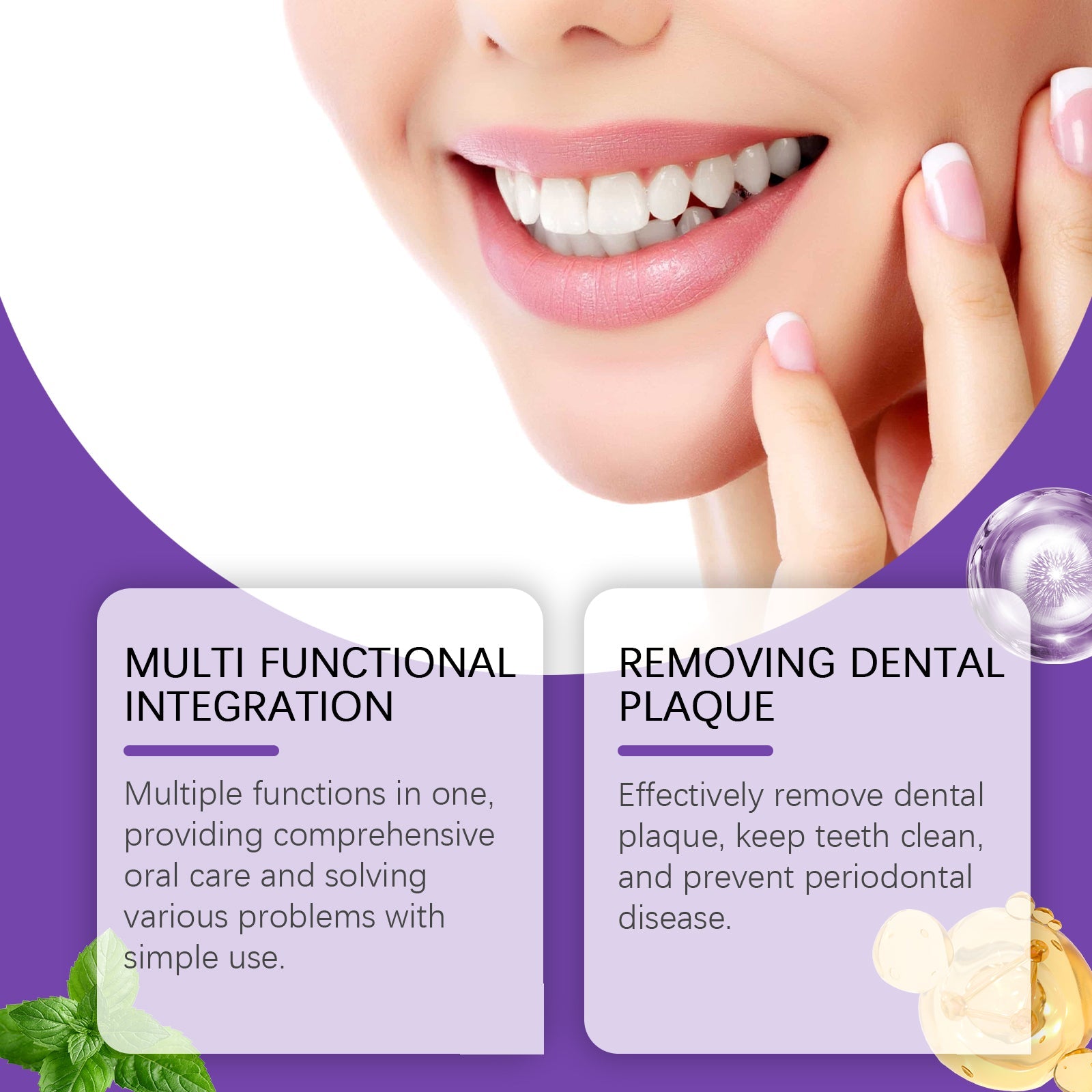 Feature callouts highlighting 'Multi Functional Integration' and 'Removing Dental Plaque' with ingredient imagery
