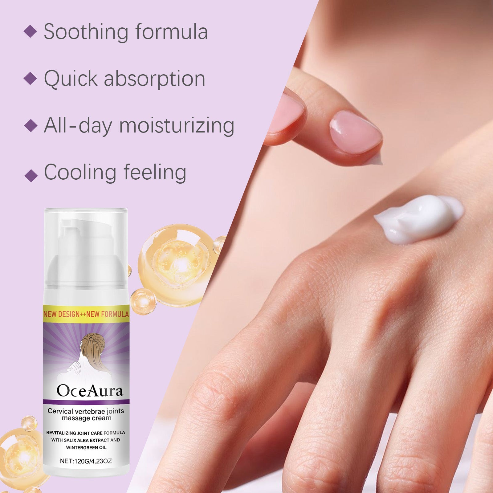Product benefits list (Soothing formula, Quick absorption, All-day moisturizing, Cooling feeling) with cream texture display, droplet close-ups, and hands showing smooth application on arm