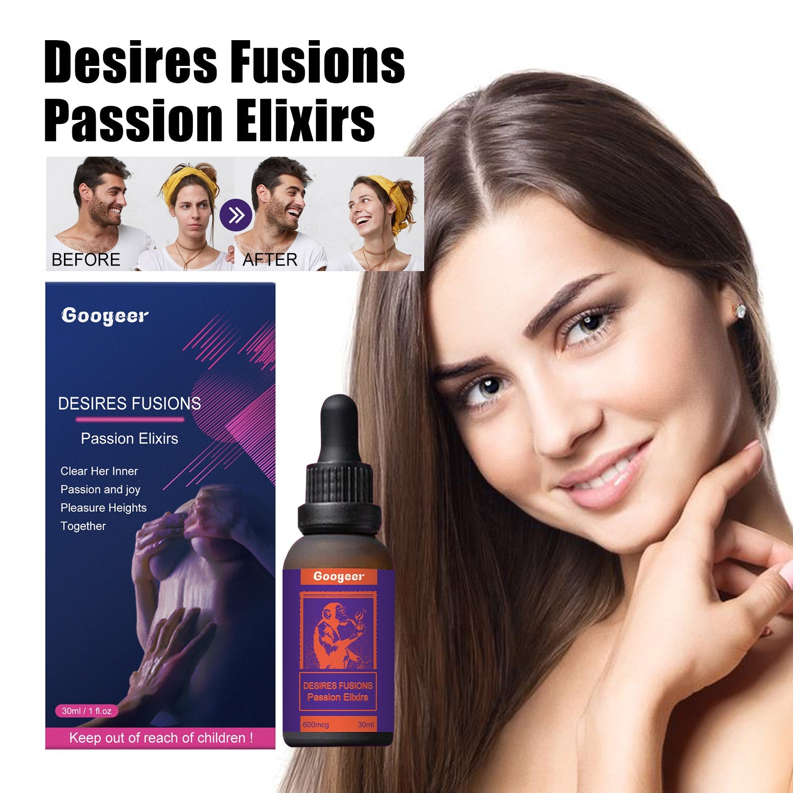 Young couple smiling confidently with colorful circular background shapes, icons showing benefits: Boost Libido, Performance, Enhanced Sensitivity