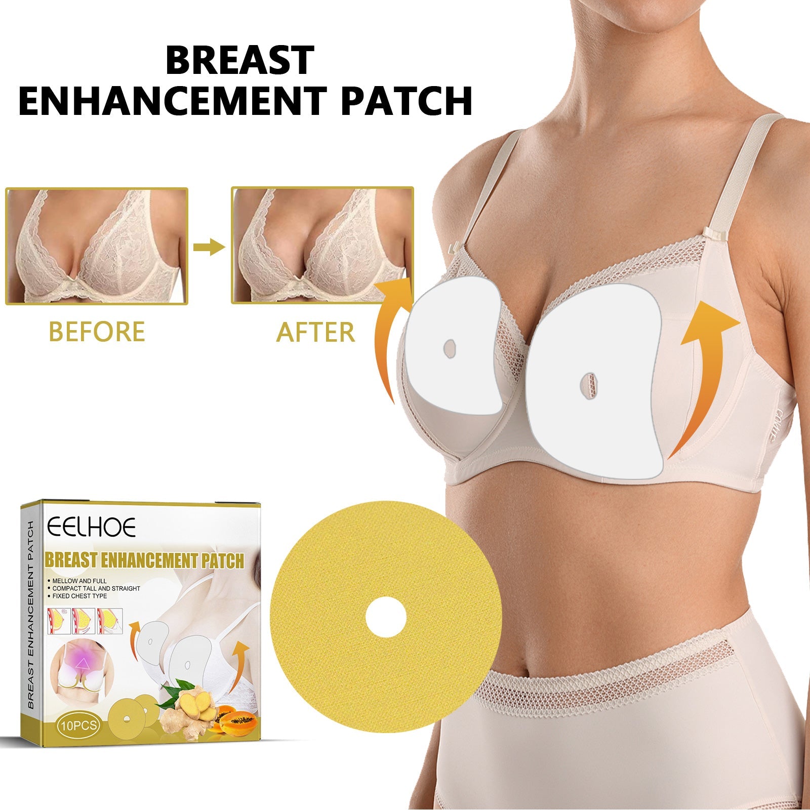 Animated illustration showing emotional transformation from hesitant to confident expression paired with breast enhancement visualization