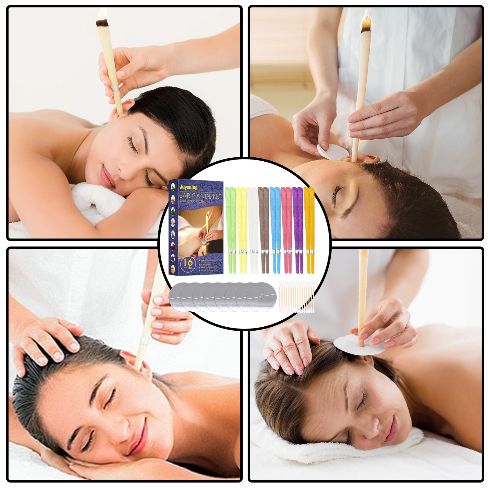 Multi-panel lifestyle imagery showing ear candling application on relaxed clients in spa setting with product in center