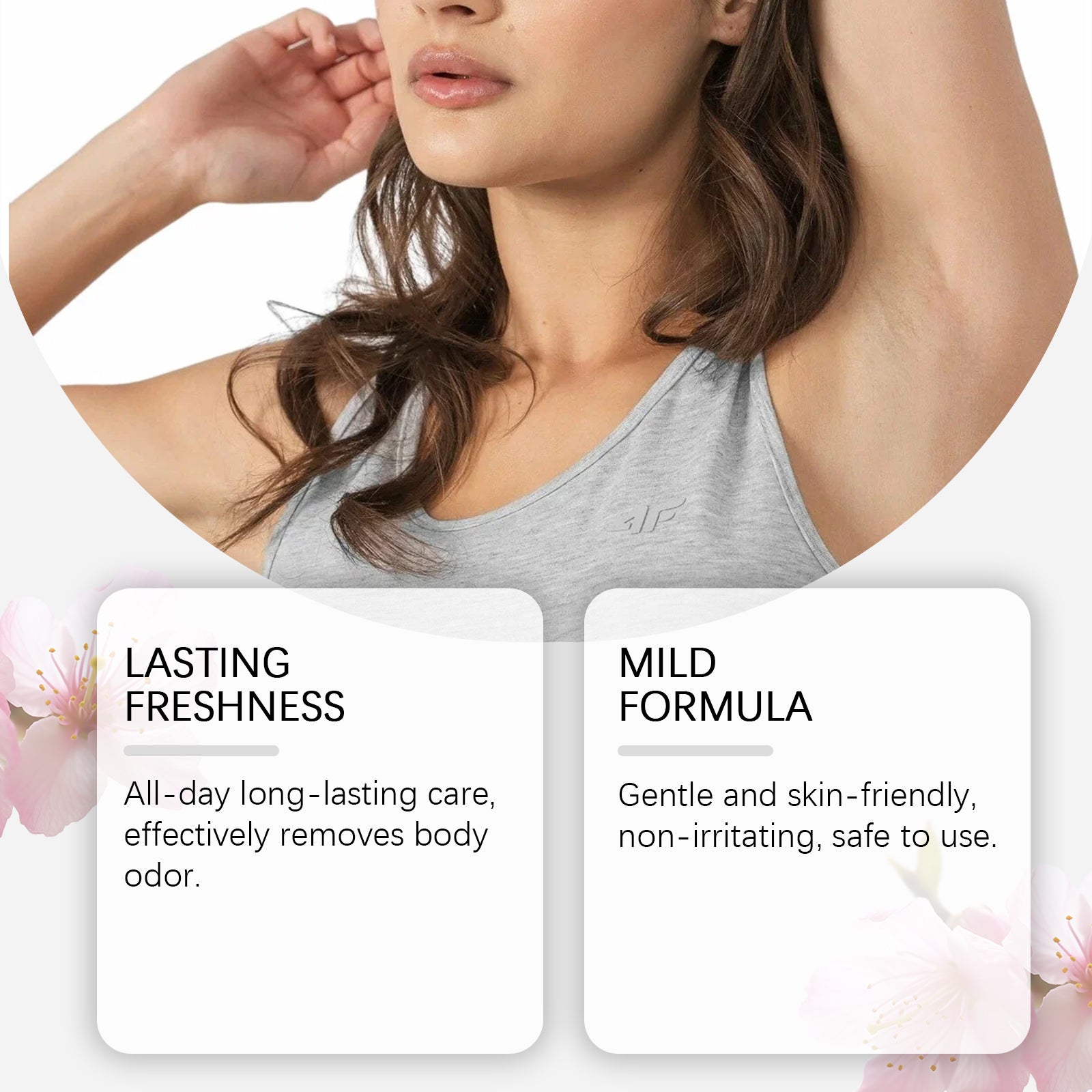 Woman displaying visible concern with body odor, alongside two benefit callouts: 'Lasting Freshness' and 'Mild Formula'