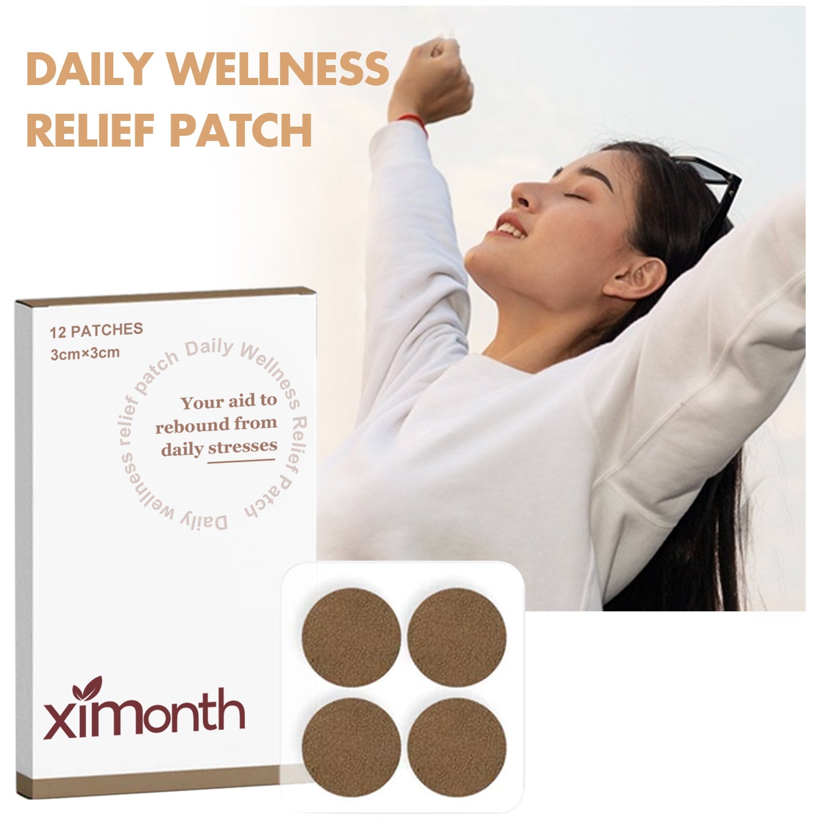 Ximonth Daily Wellness Relief Patch box with 12 patches displayed showing product packaging and patch appearance