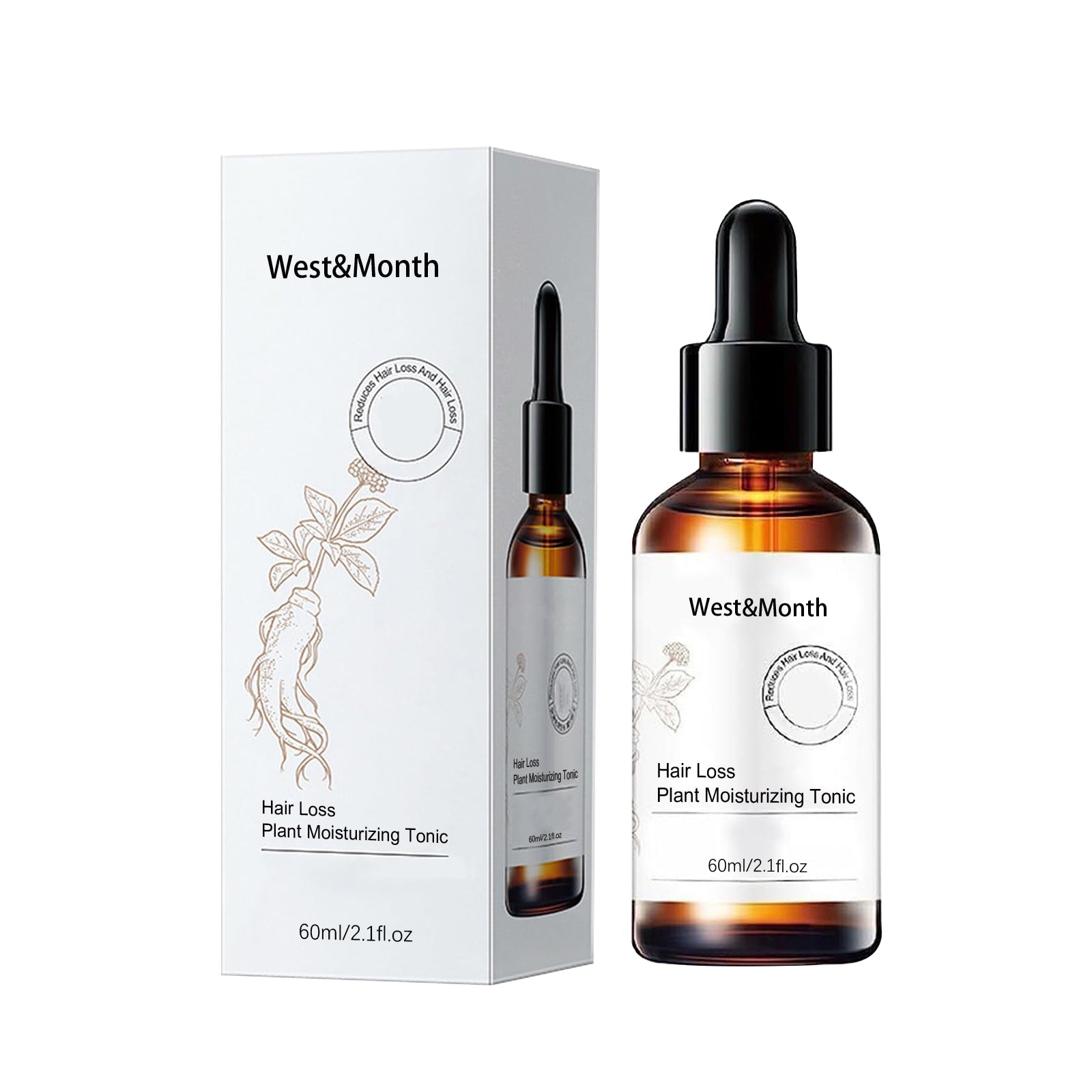 Full product presentation with white box and amber glass dropper bottle with black cap against white background