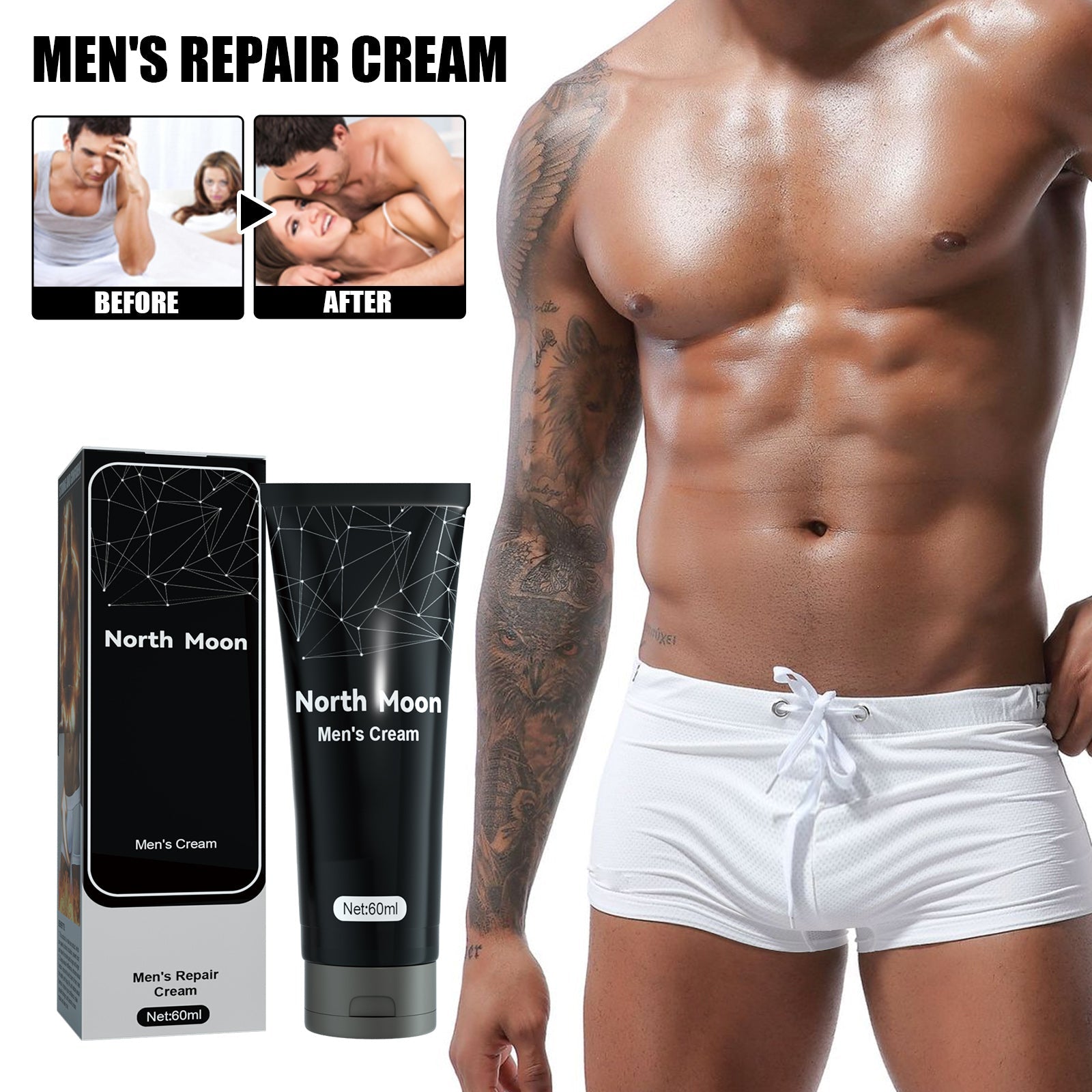 Technical infographic showing easy absorption and fast penetration claims with moisture increase data (25% to 67%), cavernous cell repair explanation, and before/after fitness transformation