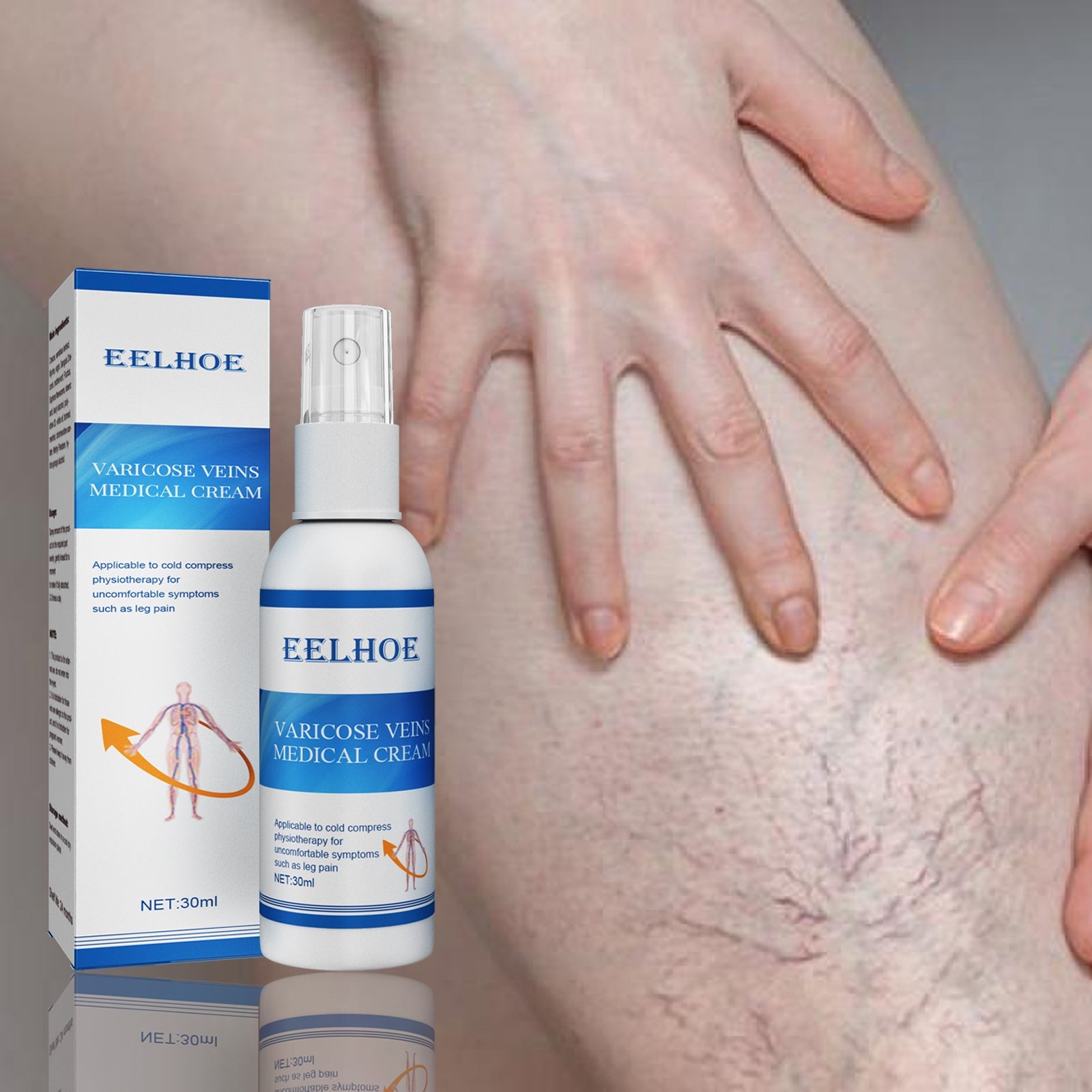 EELHOE Varicose Veins Medical Cream product box and spray bottle displayed together