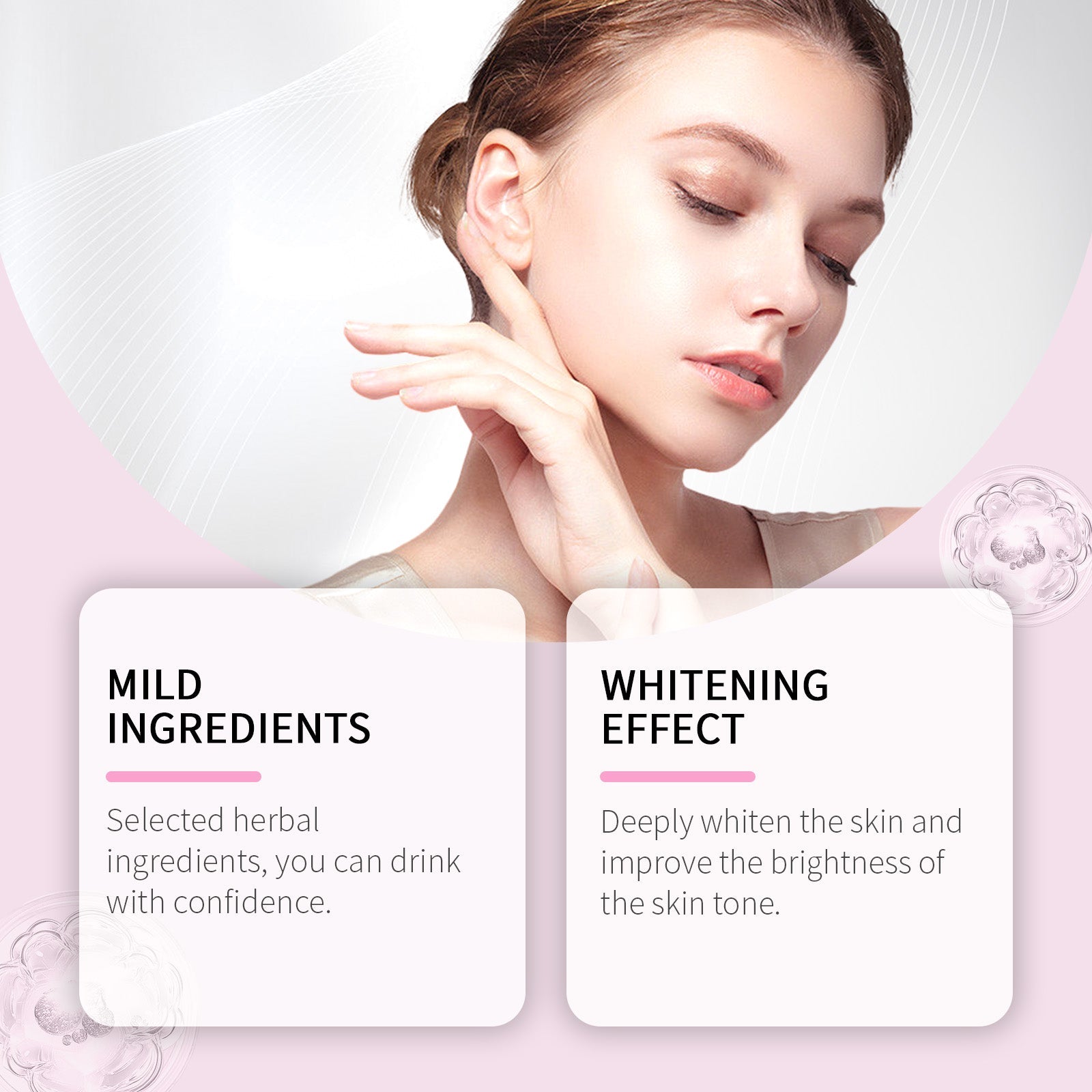 Woman's face with text callouts 'Mild Ingredients' and 'Whitening Effect'
