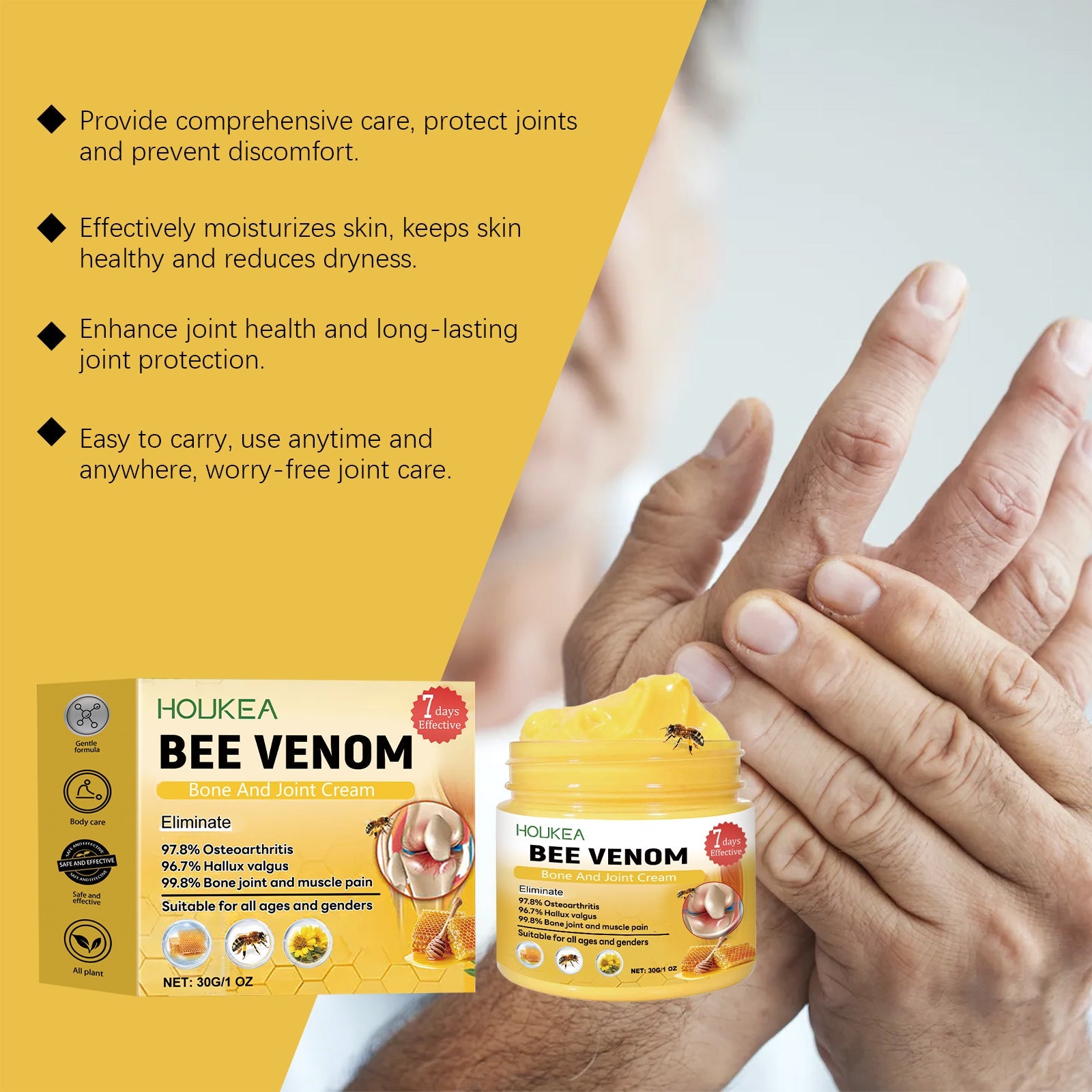 Hands massaging inflamed red calf muscle against grey background with yellow accent corners featuring bee and pollen icons