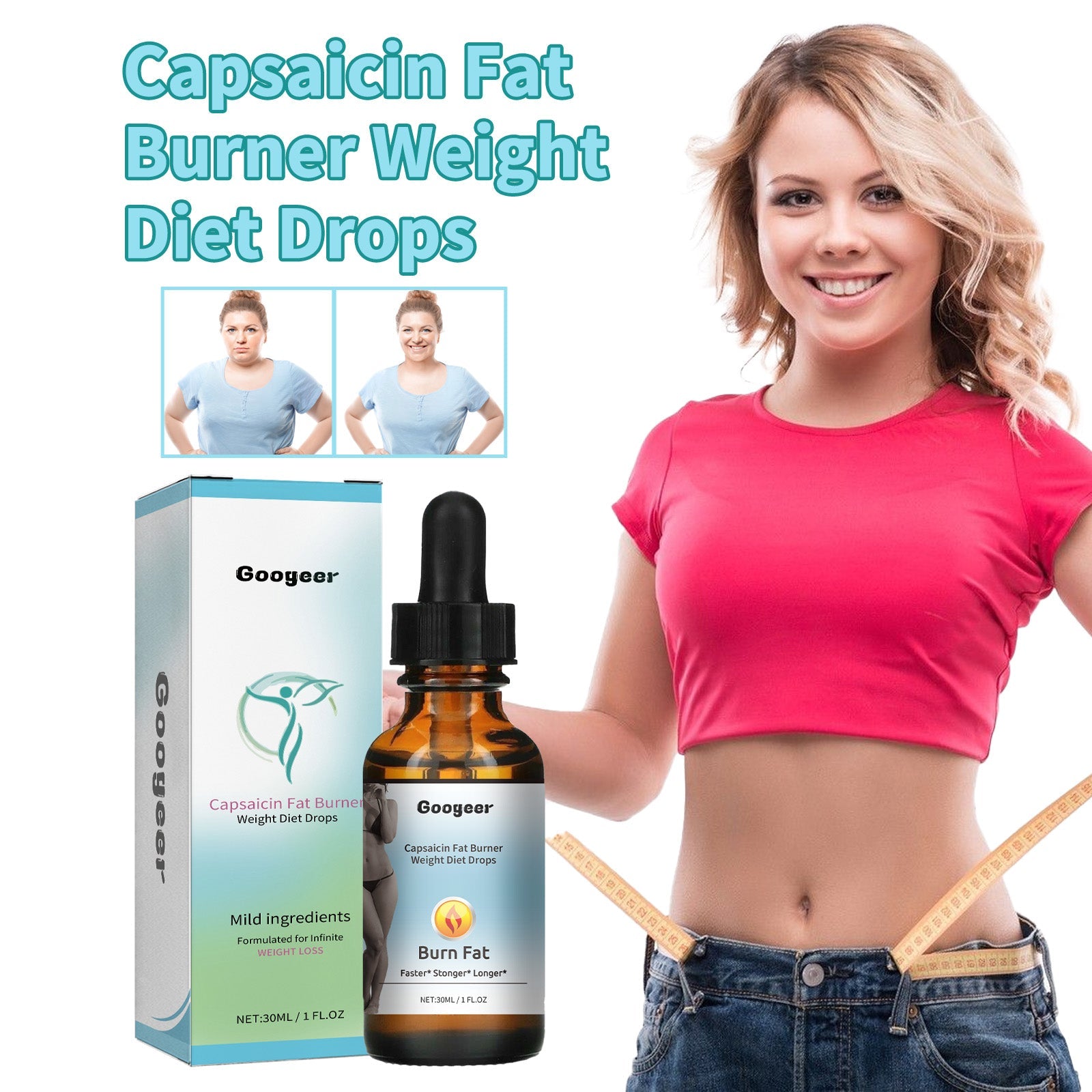 Features page with turquoise design showing three benefit icons: metabolism measurement, appetite suppression, and energy/strength demonstration