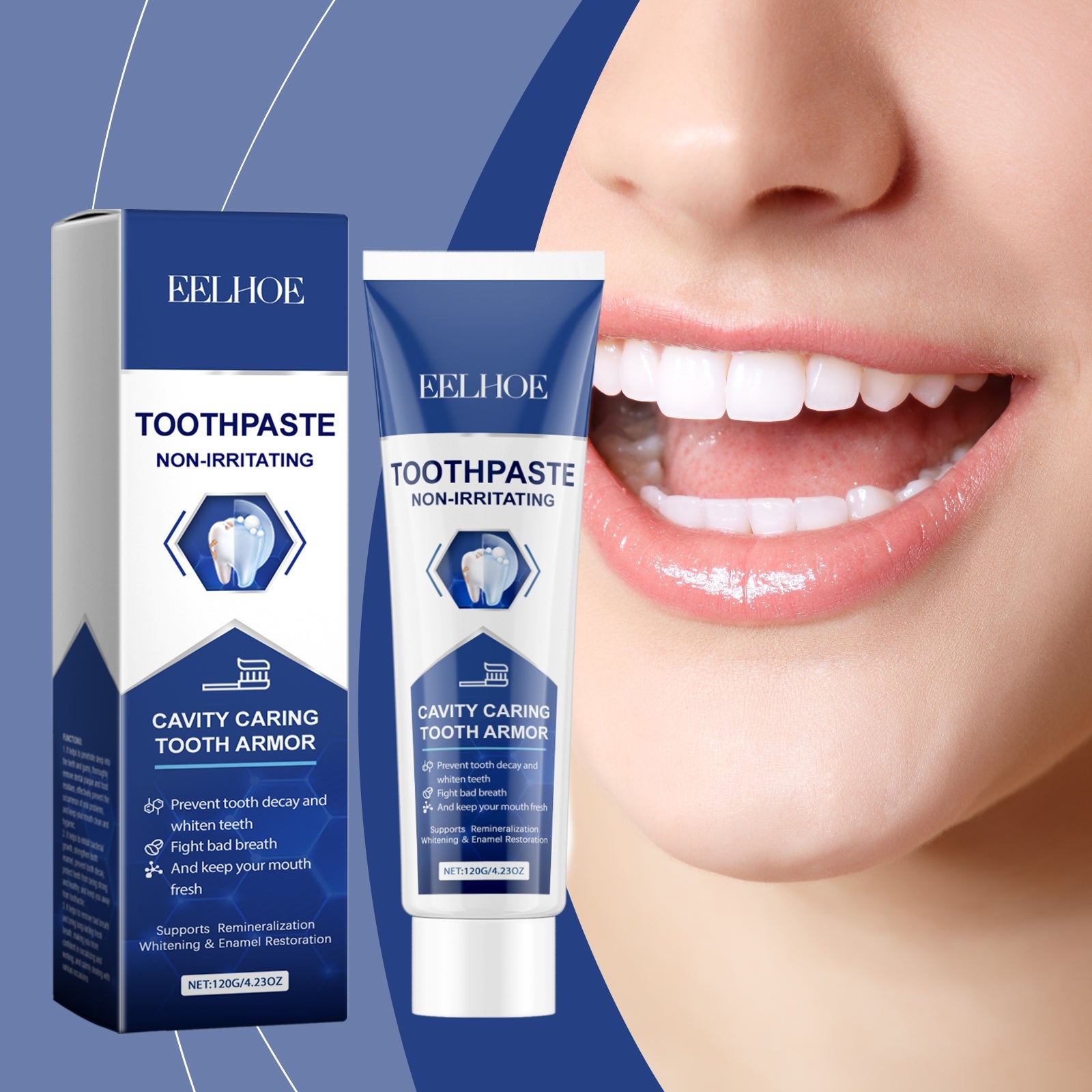 Close-up of smiling mouth showing bright white teeth with product box and tube beside, against blue gradient background