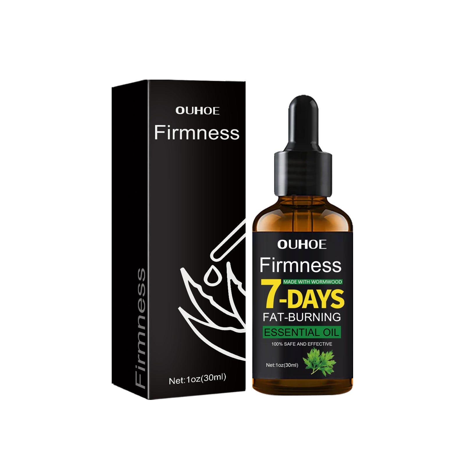 Clean product shot showing black box packaging and amber glass dropper bottle against neutral background