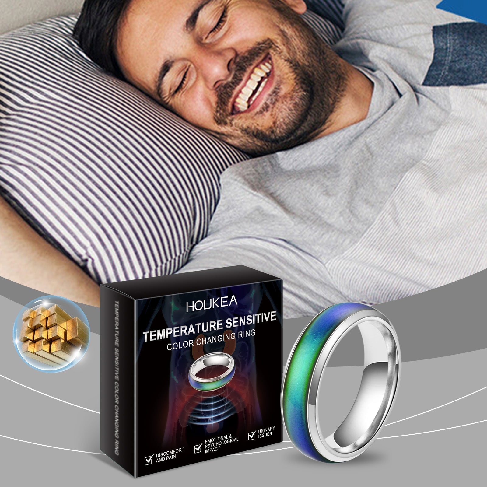 Man sleeping peacefully wearing the ring, with product box and packaging visible, plus gold hexagon accent graphic showing product benefits
