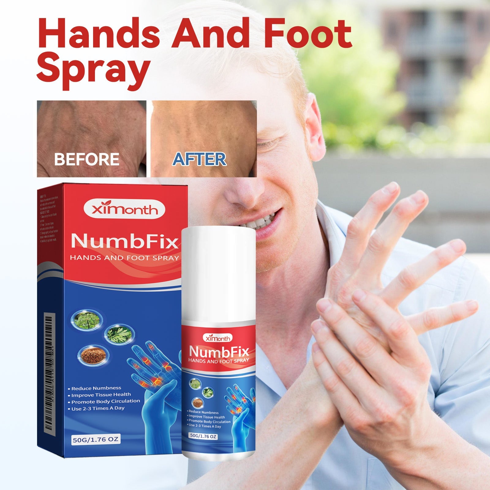 Lifestyle before/after showing adult male hand treating numbness with visible skin tone improvement and reduced inflammation appearance