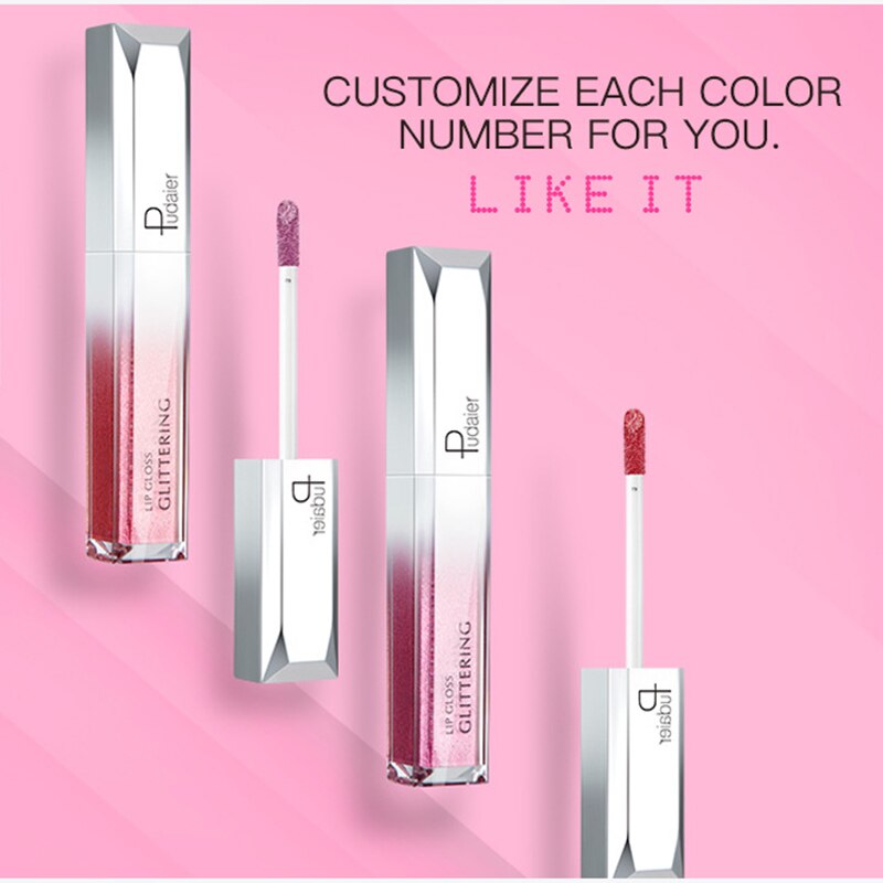 Bright pink promotional background with three open lip gloss tubes and 'CUSTOMIZE EACH COLOR NUMBER FOR YOU. LIKE IT' messaging
