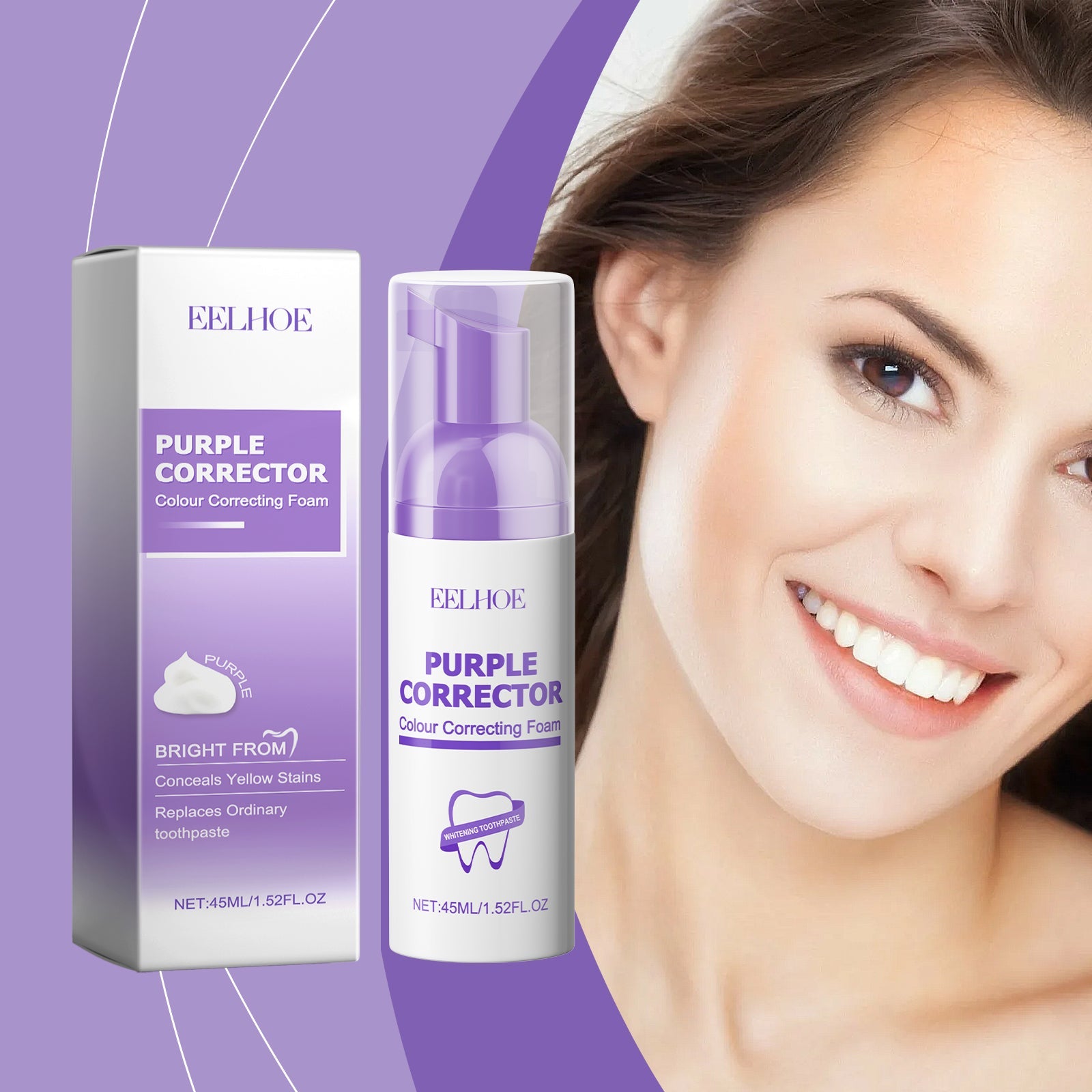 EELHOE Purple Corrector product with packaging and bottle displayed together on purple background