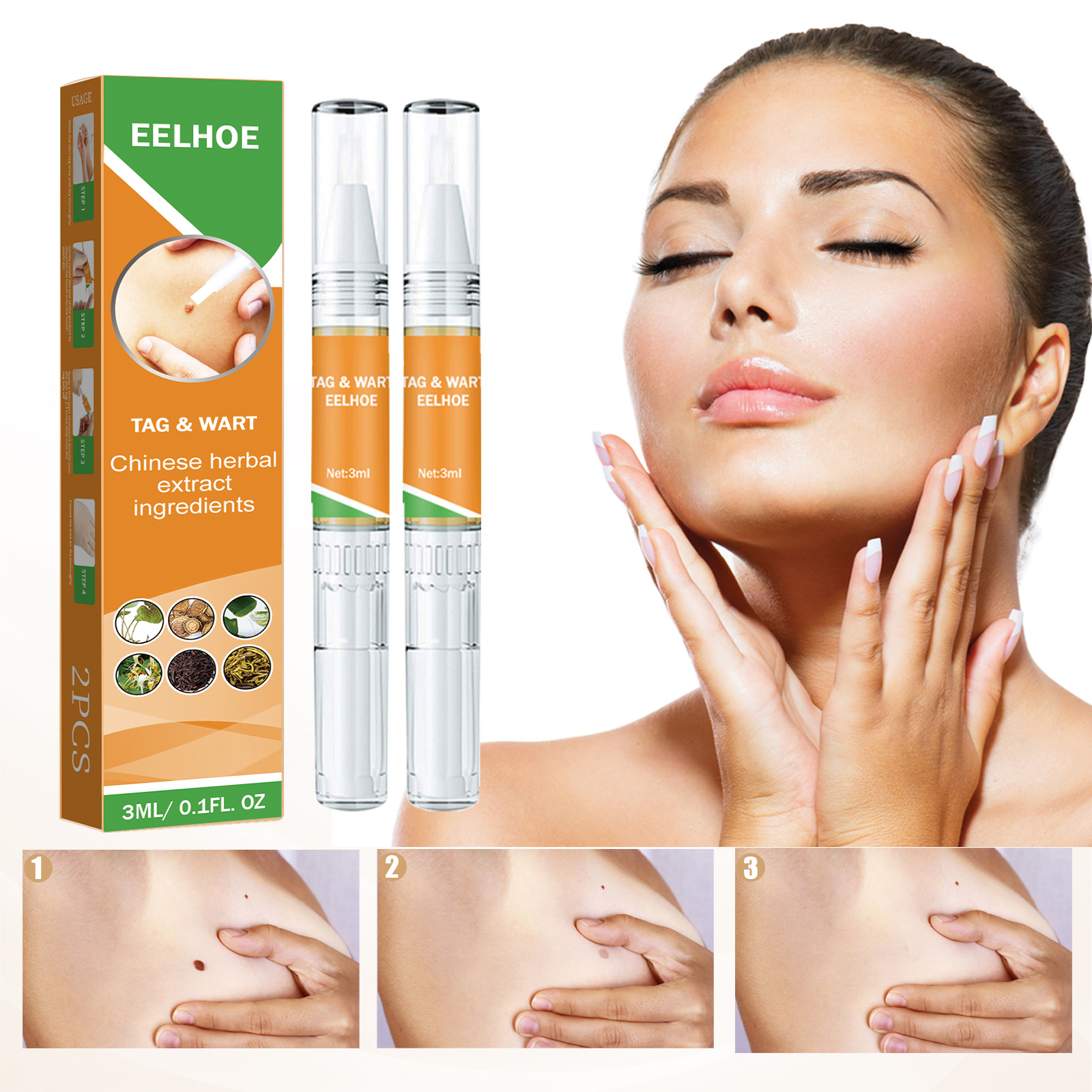 Two-part sequence showing woman's face before and after treatment, plus step-by-step body skin tag removal progression across three numbered close-ups