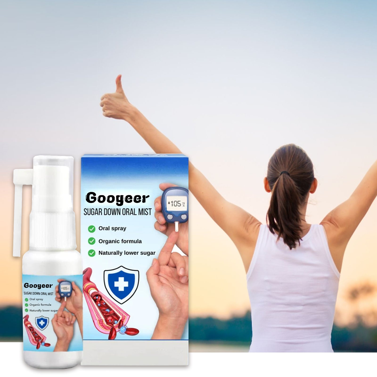 Woman from behind with arms raised in celebration holding product box at sunset