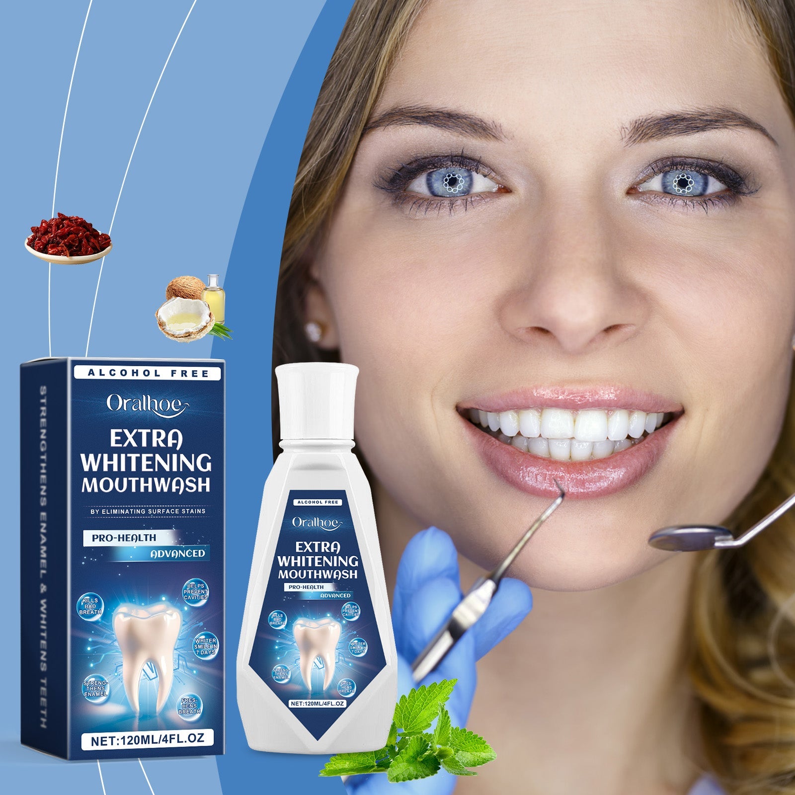 Oralhoe Extra Whitening Mouthwash bottle and box displayed side-by-side against white background