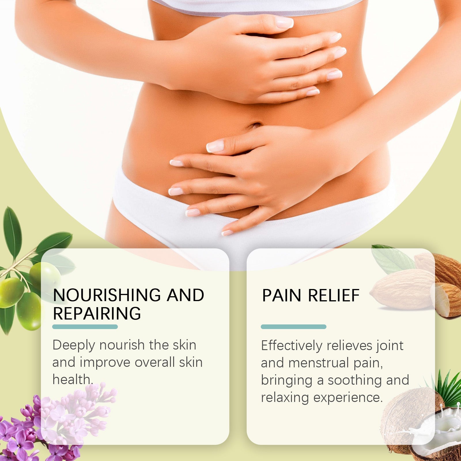 Split-screen comparison showing before image of woman holding belly with discomfort, after image of relaxed woman in comfortable pose; lifestyle shot of woman massaging flat tummy with visible satisfaction; hero bottle and box with natural ingredient styling