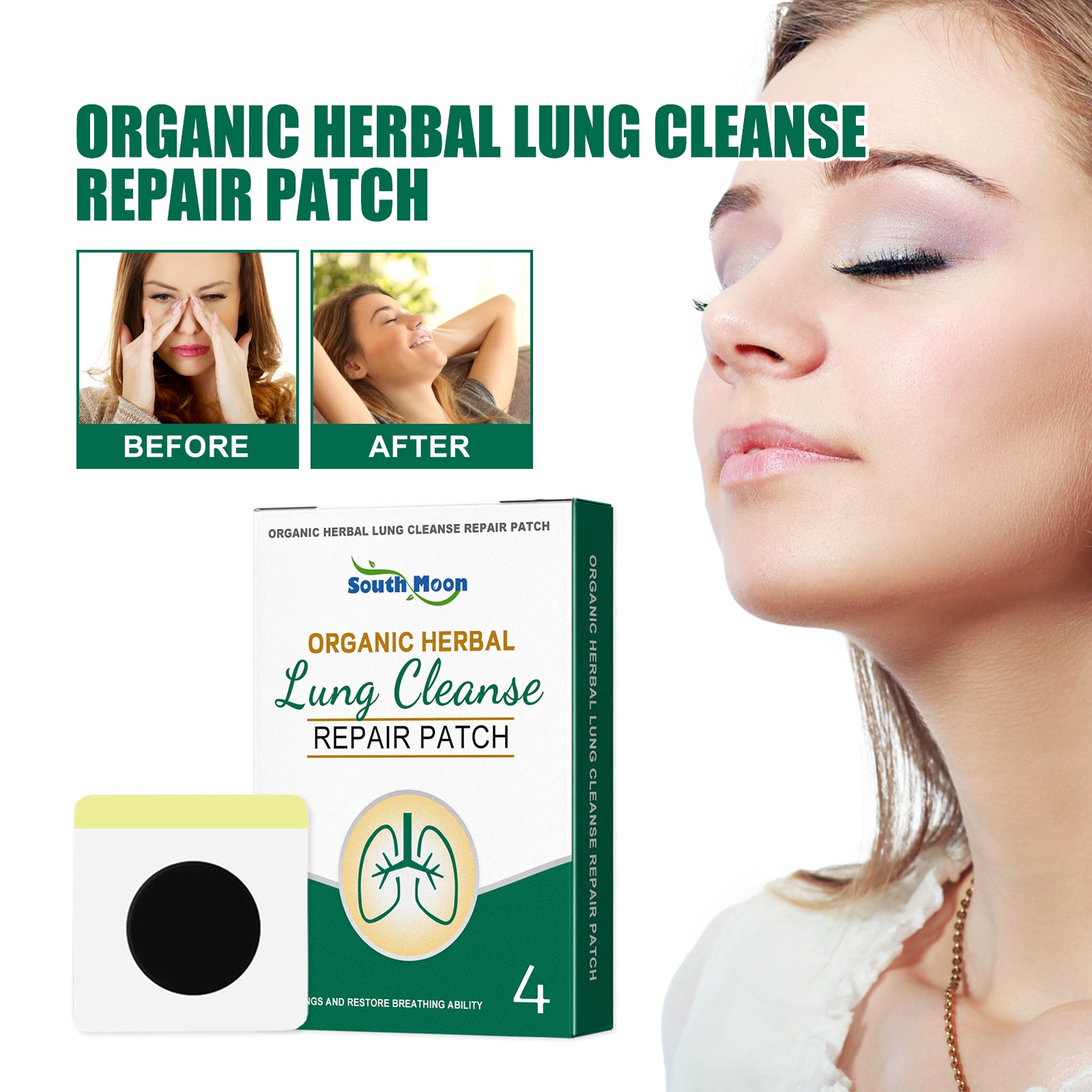 Clinical claims page displaying efficacy percentages: 98.84% Pneumoconiosis Cure, 96.98% Lung Tissue Regeneration, 99.94% Lung Residue Removal, 99.92% Upper Respiratory Tract Infection Healed with lifestyle background image of woman breathing freely