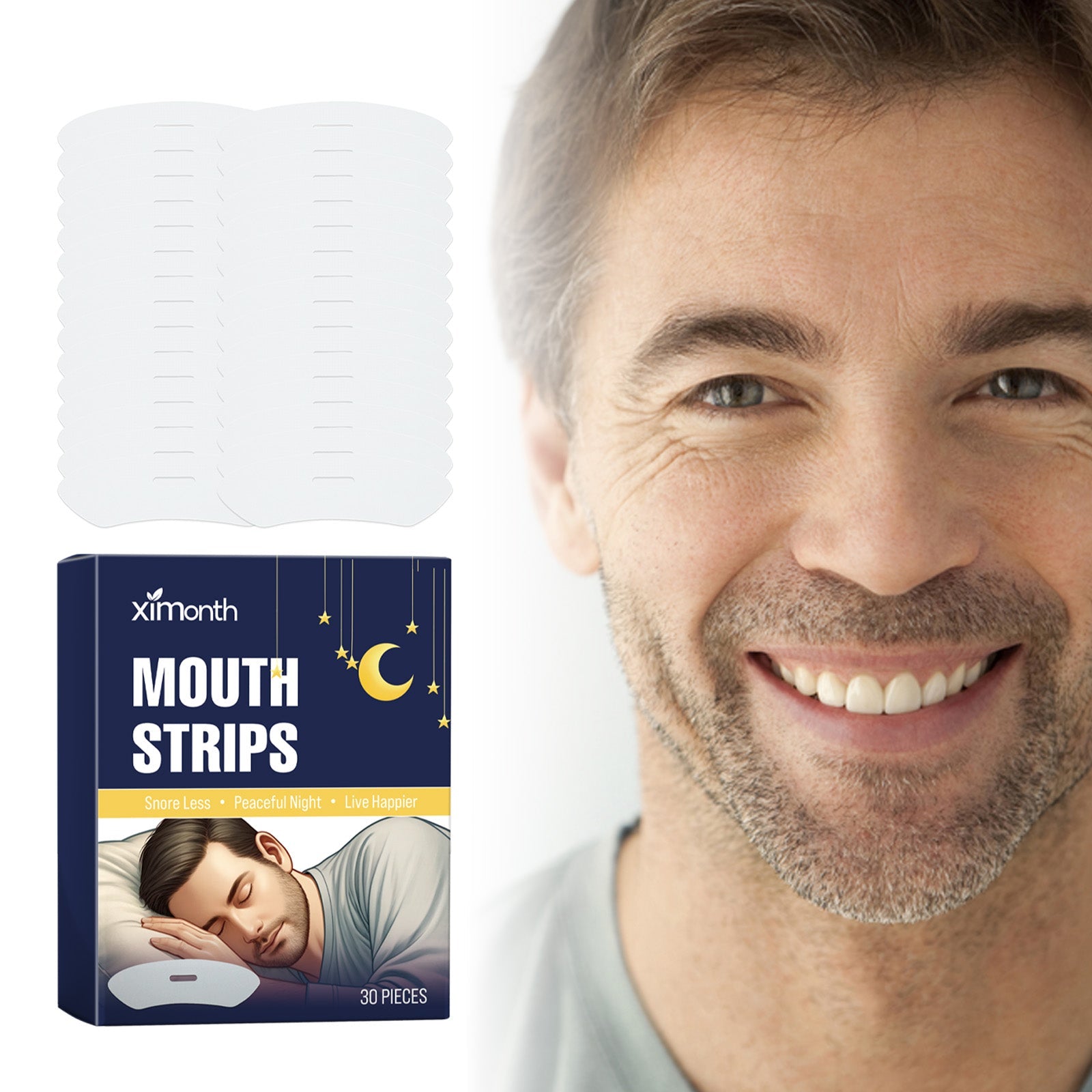 Smiling middle-aged man's face showing dental health and happiness, with packaging and strip display below