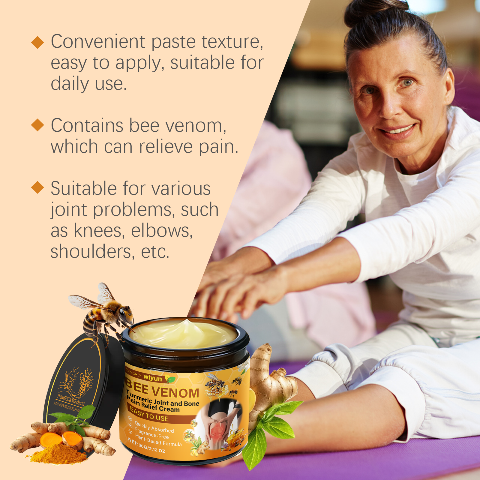 Infographic with product surrounded by ginger root, turmeric, bee, and mint leaf with benefit claims and mature woman stretching arms with comfort