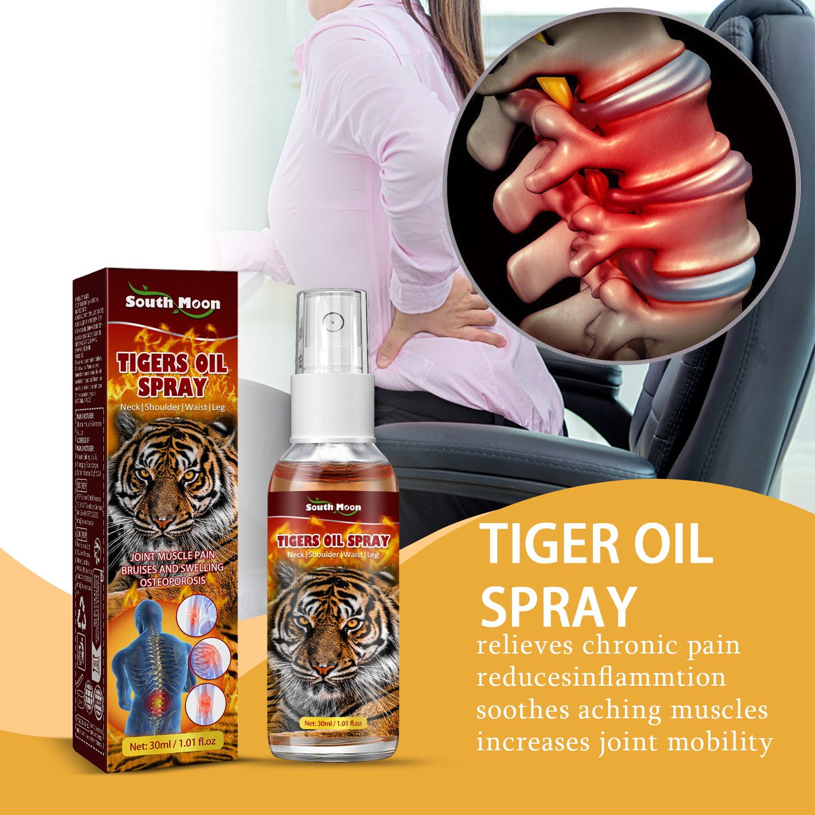 Woman in pink shirt applying spray to lower back while seated, with thermal inset showing inflamed spine area, pain relief benefits overlay