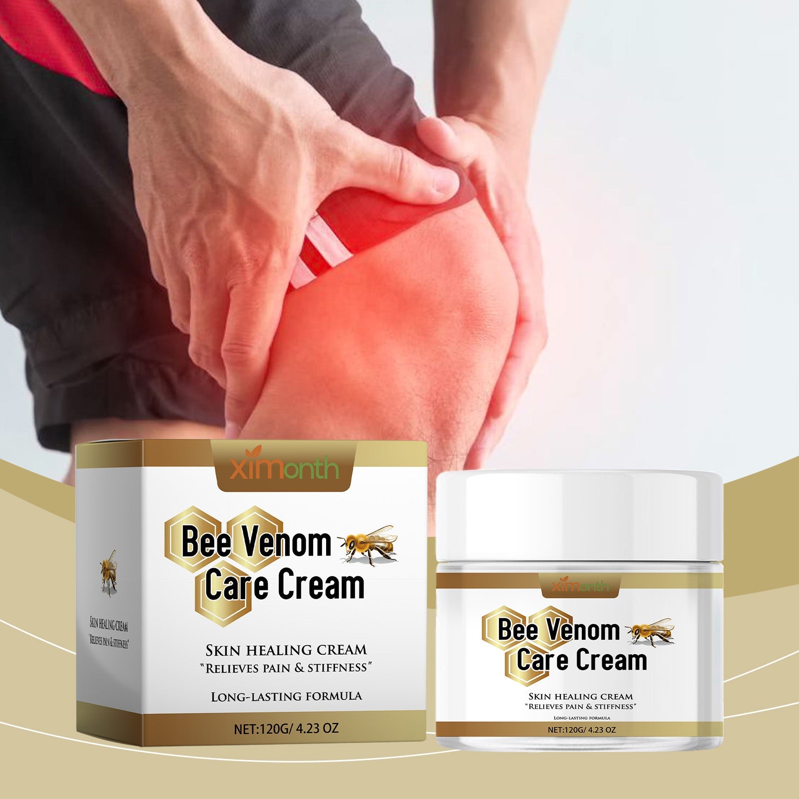 Product box and jar of Bee Venom Care Cream showing front label with honeycomb logo and bee imagery