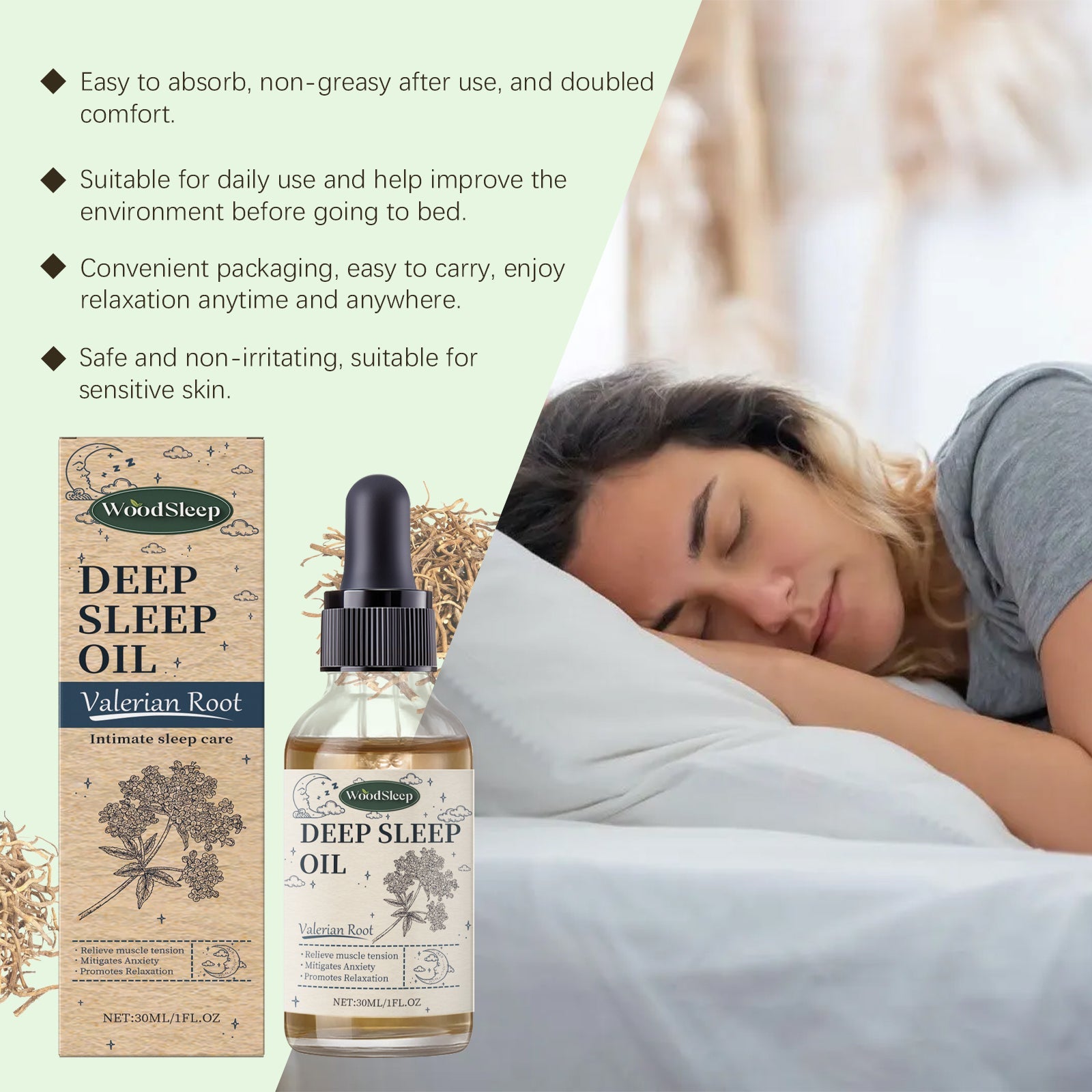 Lifestyle composite showing distressed woman awake in bed on left, peaceful sleeping woman on right, with before/after comparison inset