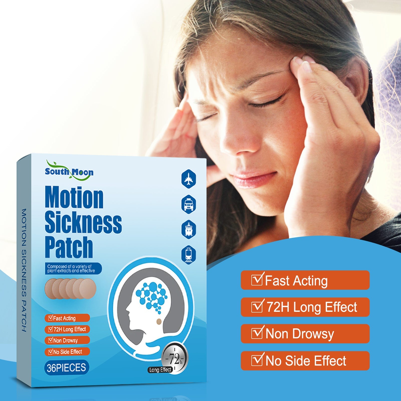 South Moon Motion Sickness Patch box showing product name, 36 pieces, and key benefit claims
