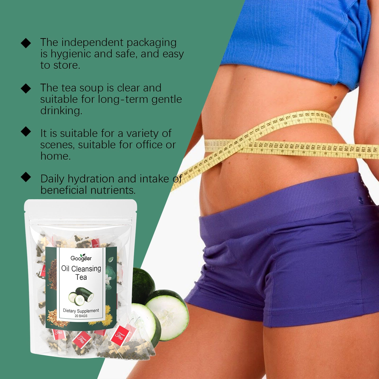 Infographic showing product benefits with key claims and fresh cucumber imagery