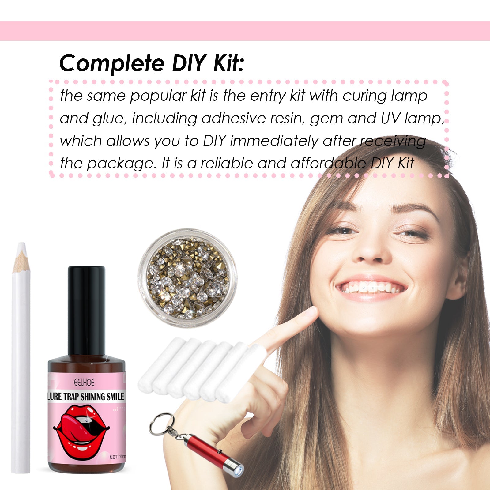 DIY Kit section with woman pointing to smile while holding product components, text highlighting ease-of-use and 60-second curing
