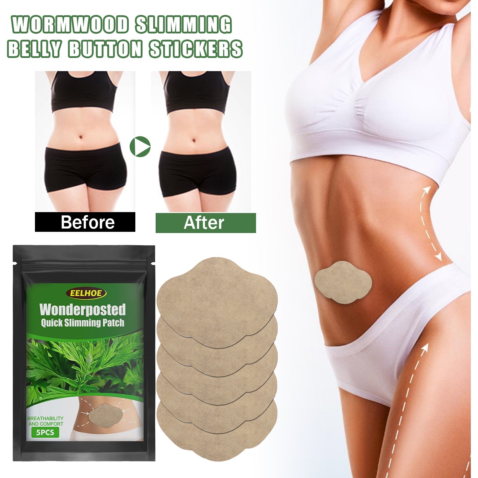 Illustrated before/after belly button comparison showing noticeably flatter stomach on right side; plus lifestyle image of woman in white sports bra showing defined abdominal muscles with patch placement marked; green 'WORMWOOD SLIMMING BELLY BUTTON STICKERS' headline text