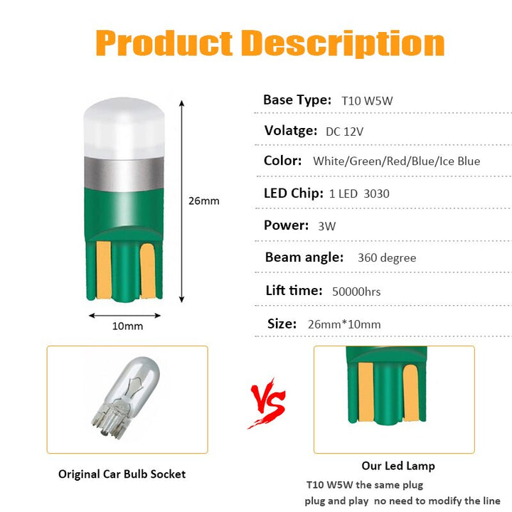 194 LED Bulb — T10 W5W 3030 10‑Pack Brighter Interior Light