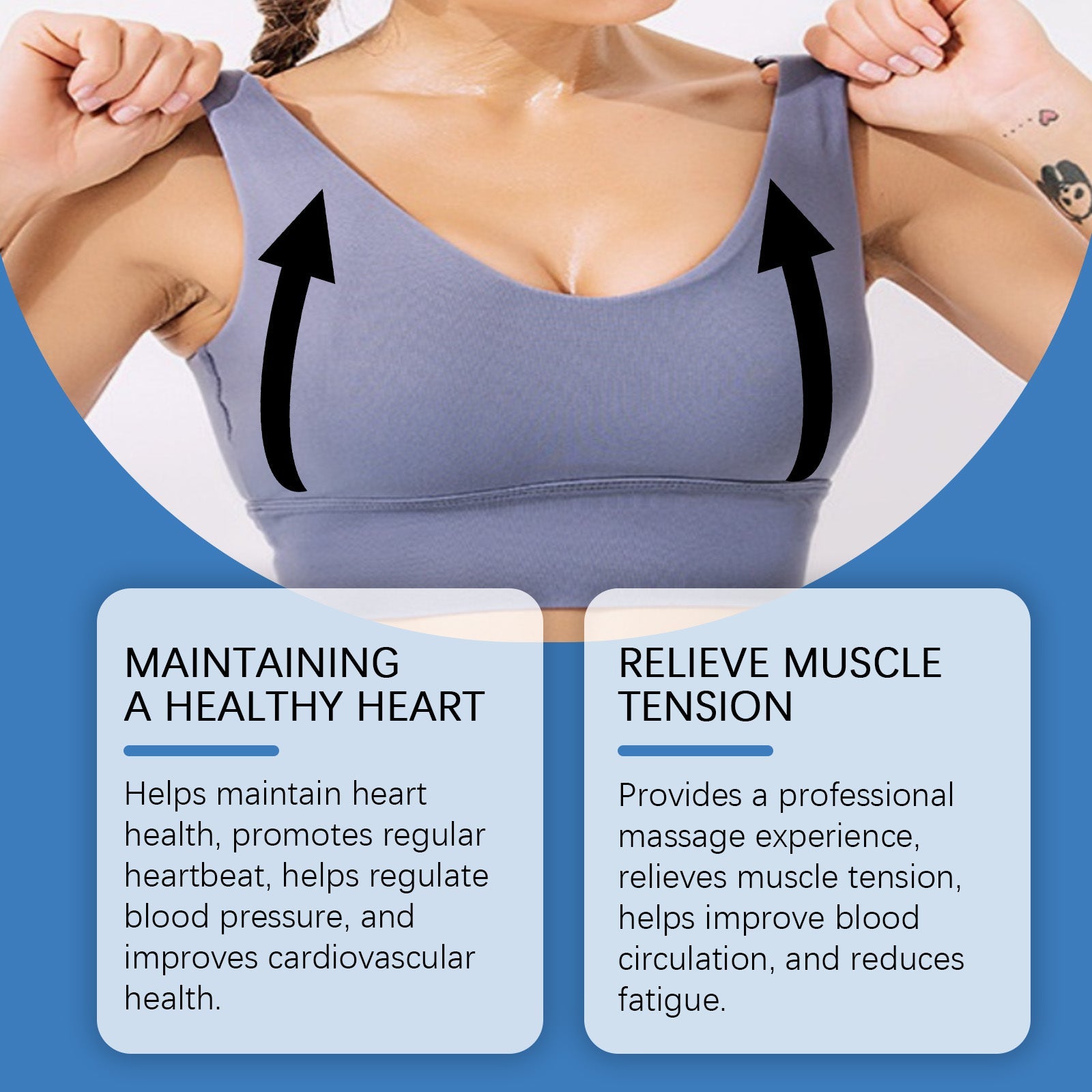 Woman in lavender sports bra with black arrows showing dual chest support and tension relief with benefit callouts