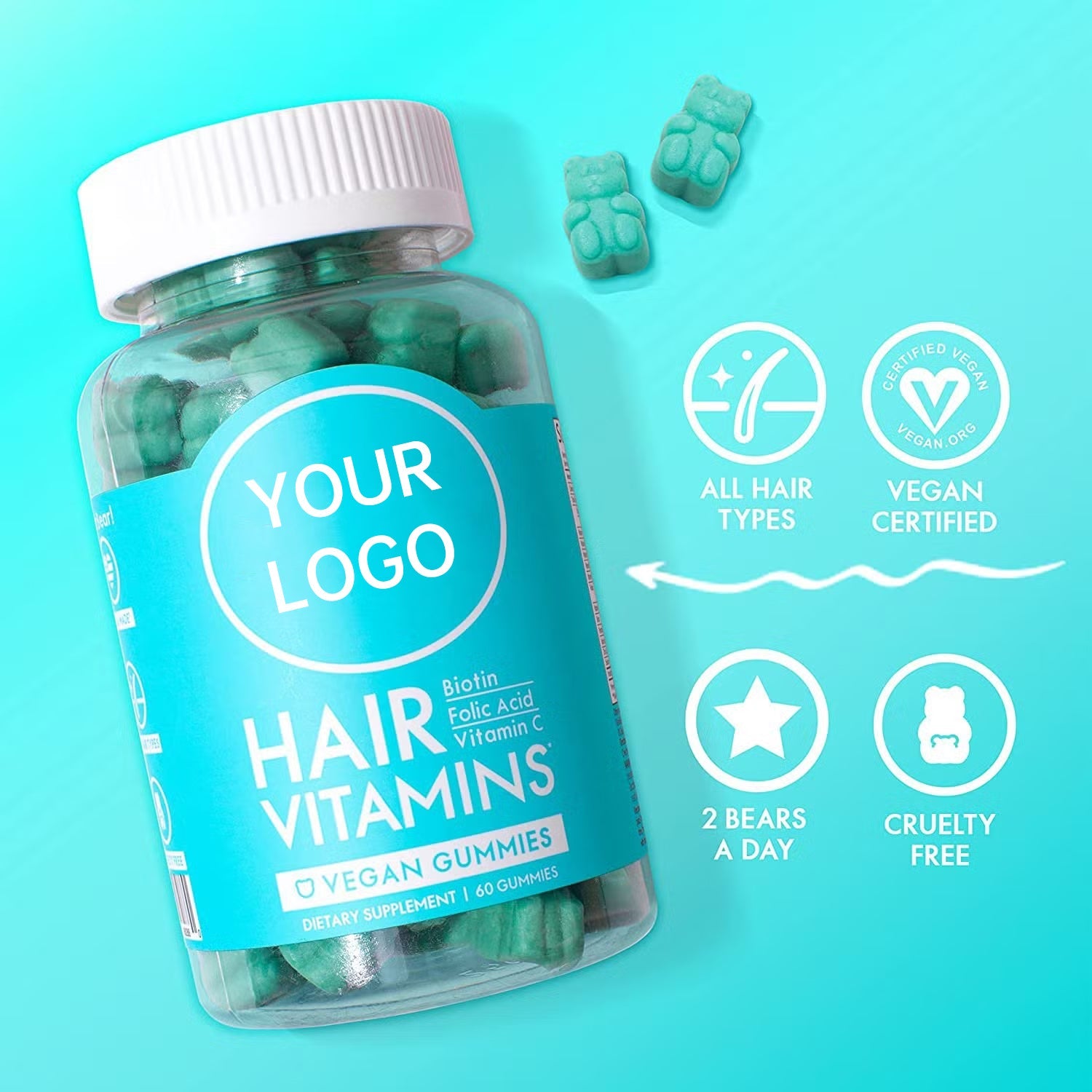 Young woman with long, thick, healthy brunette hair holding a teal gummy, text overlay 'Promotes Healthy Hair, Skin and Nails'