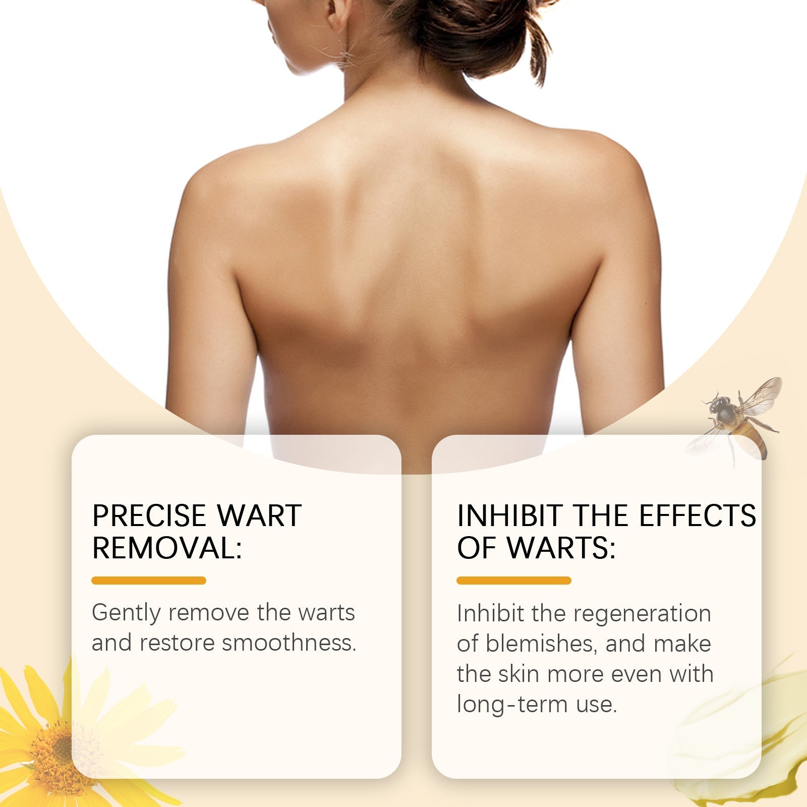 Back view of woman's clear skin with two benefit callouts: 'Precise Wart Removal' and 'Inhibit the Effects of Warts'