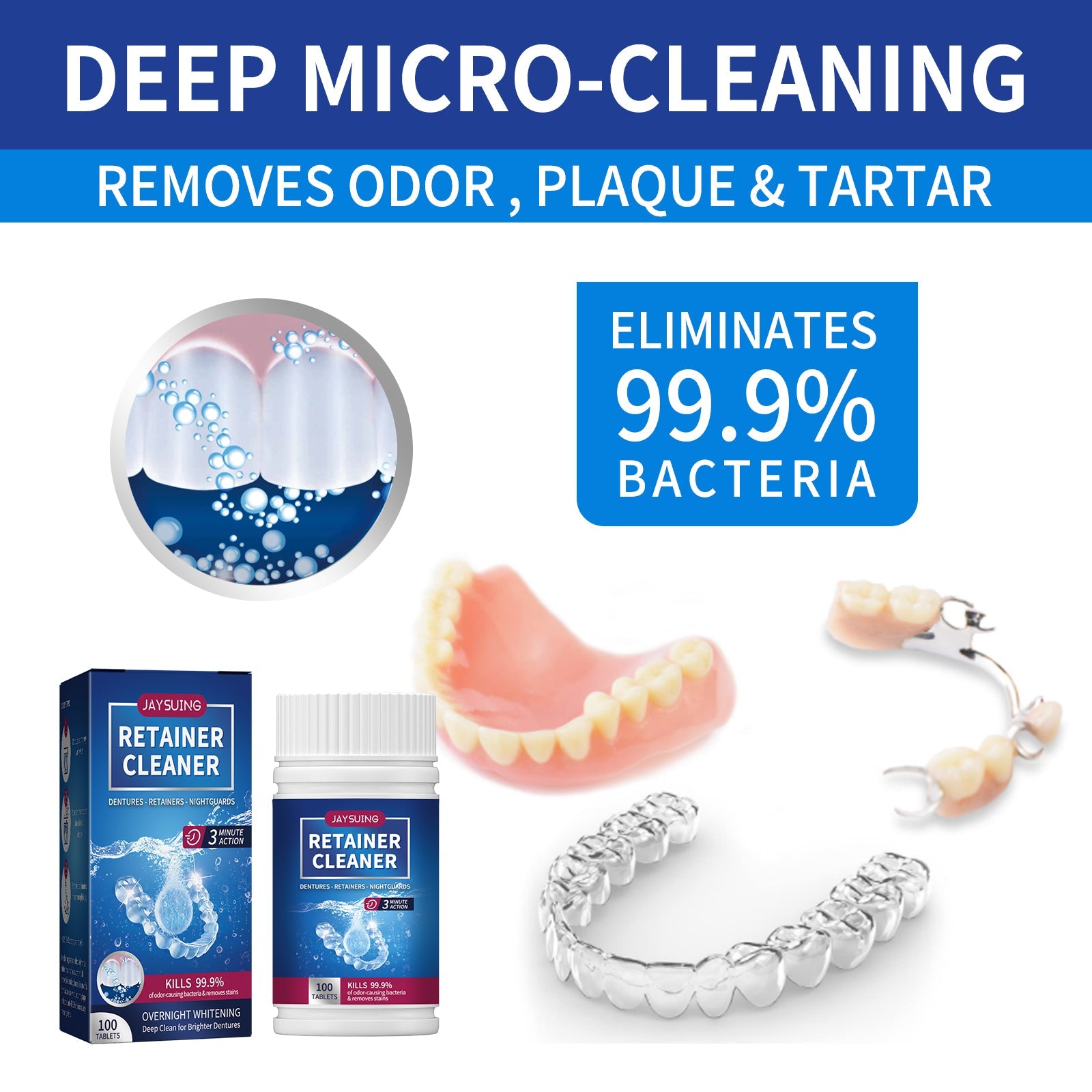 Smiling couple showcasing dental devices (clear retainer, night guard, denture, wire retainer, sports mouth guard) with icons identifying each compatible device