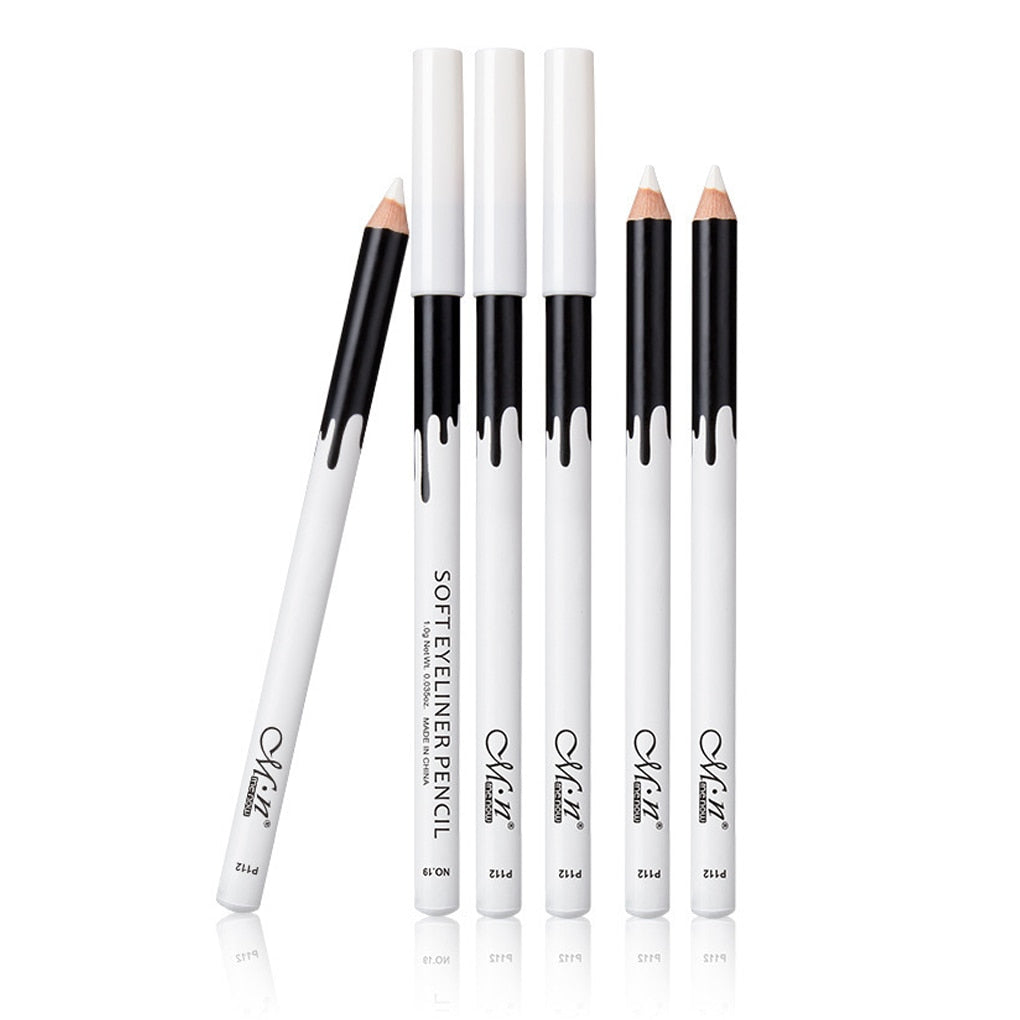 Crossed eyeliners with lifestyle image showing product applied to eye with white inner corner highlight and text describing caring formula