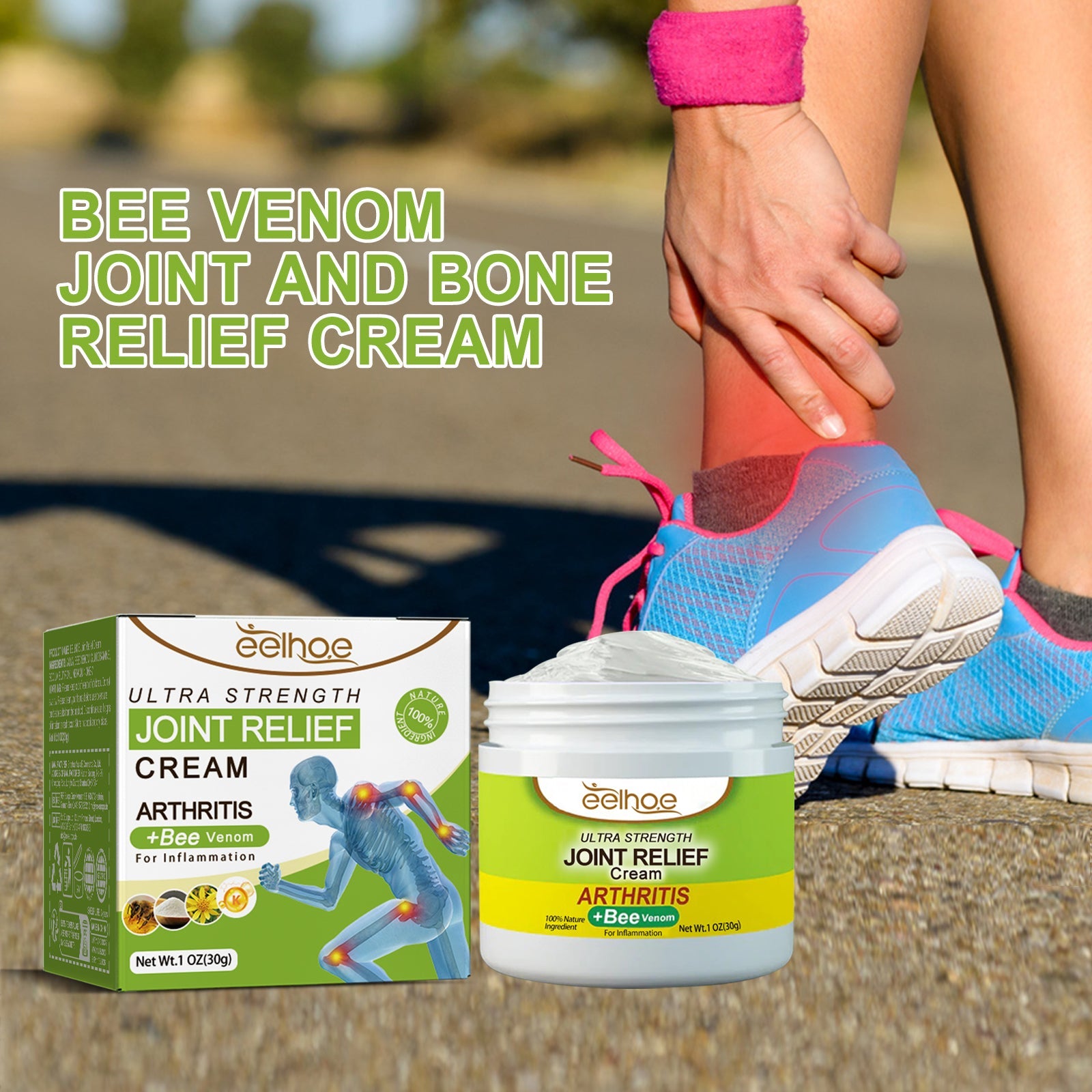Box and jar of eelhoe ultra strength joint relief cream with bee venom displayed side by side
