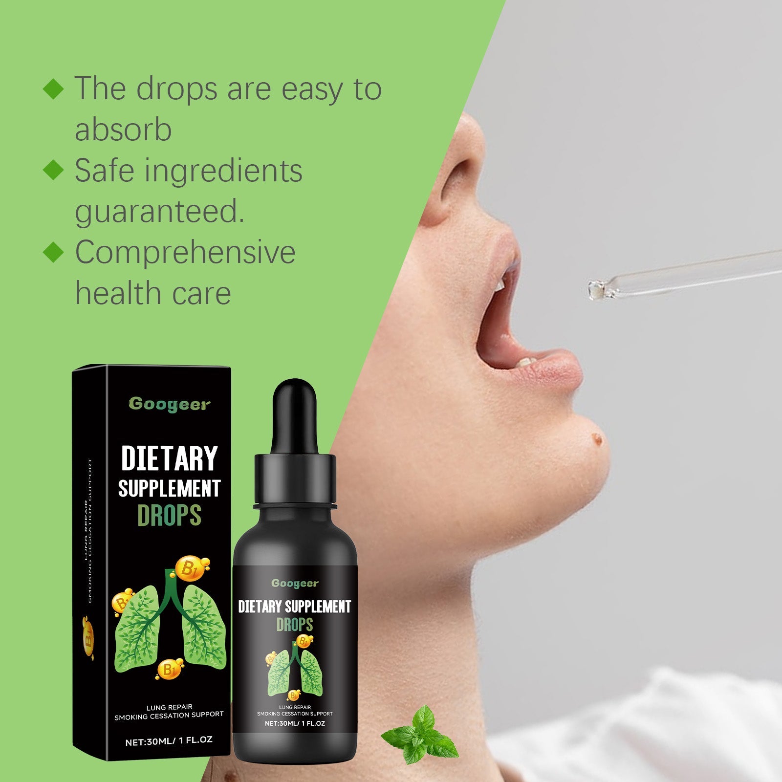 Lifestyle image of male profile receiving drops with open mouth, green callout box listing key benefits: easy absorption, safe ingredients, comprehensive health care