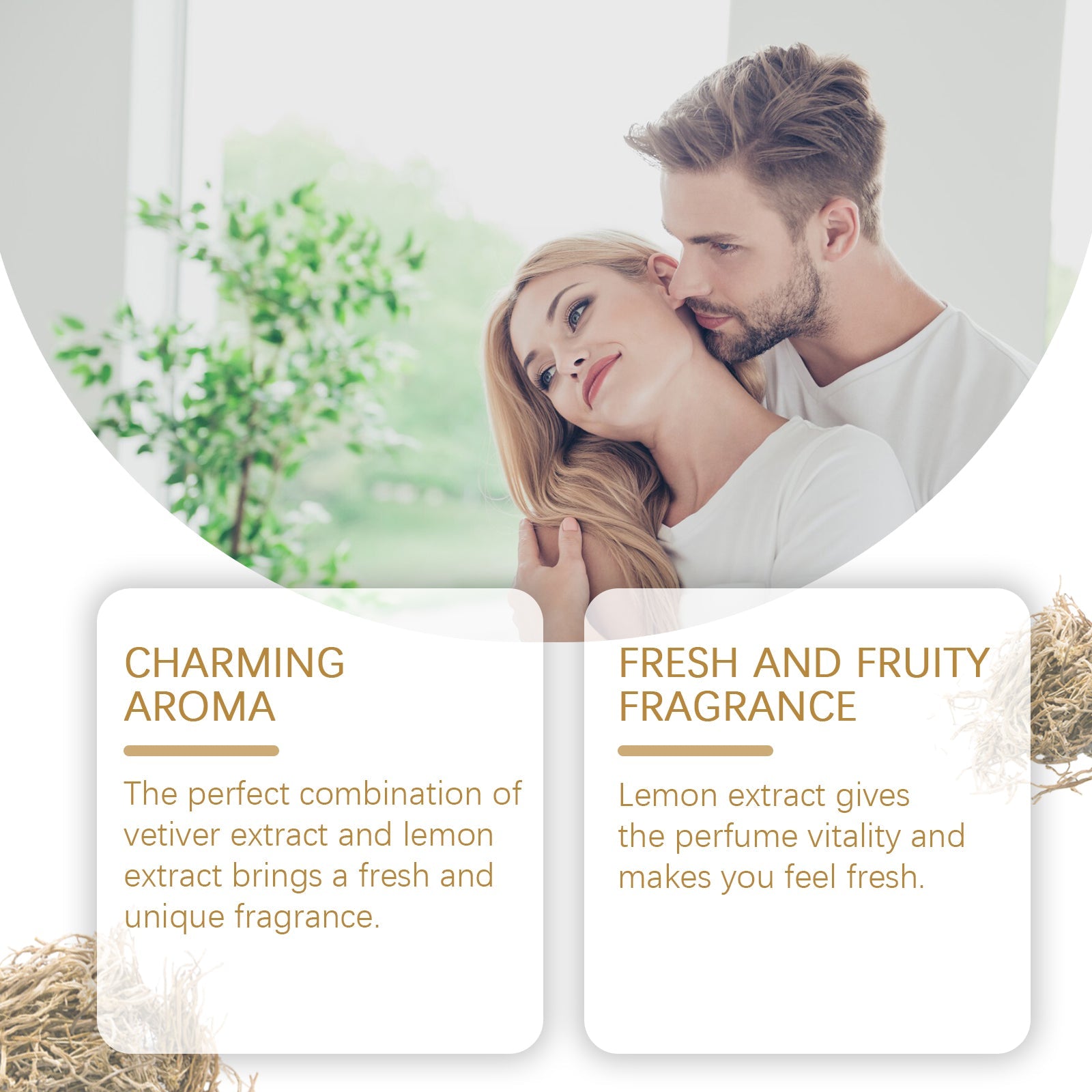 Couple in white clothing with vetiver plant and botanical text highlighting fragrance benefits