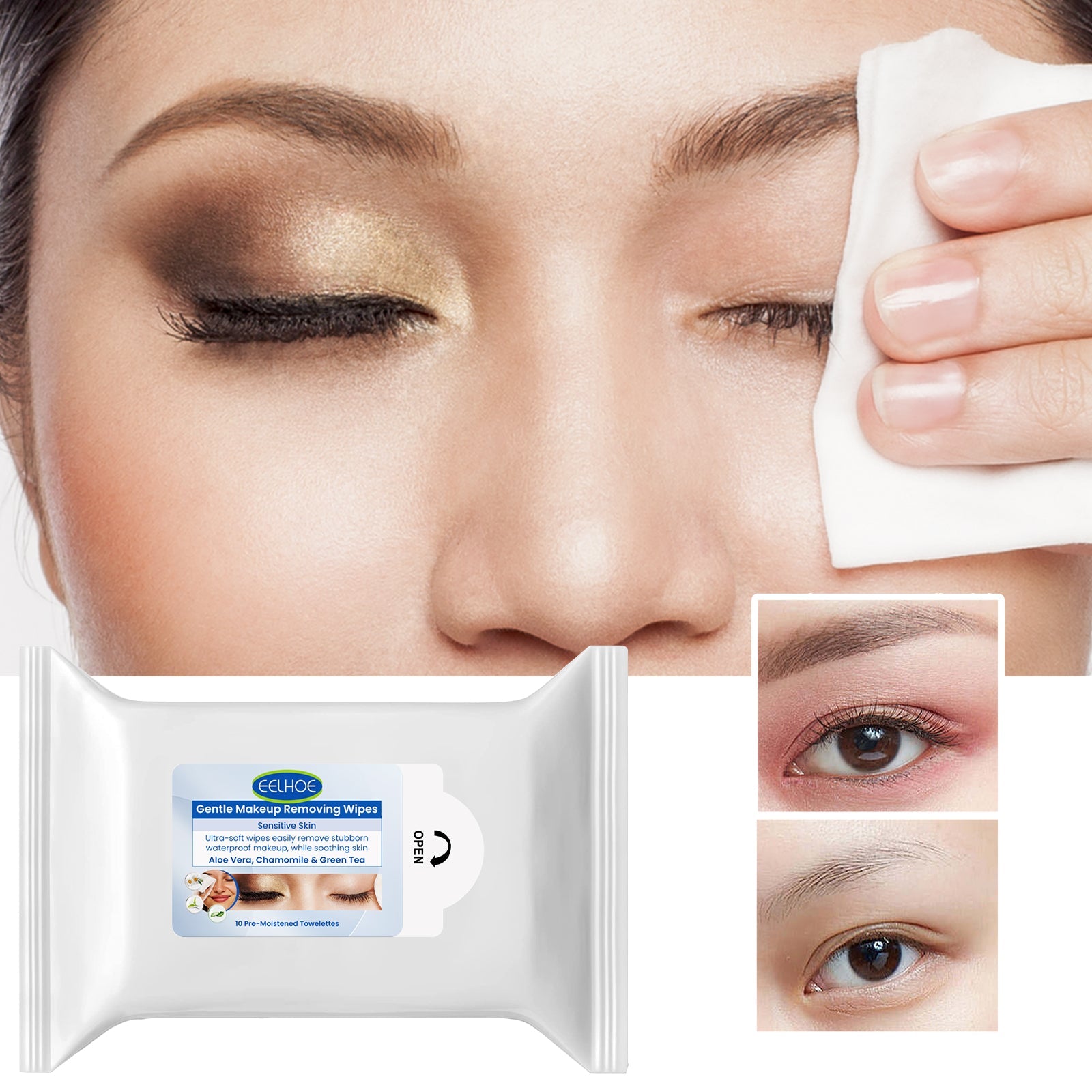EELHOE Gentle Makeup Removing Wipes sealed foil packet on white background showing front label with brand logo, key claims, and ingredient callouts